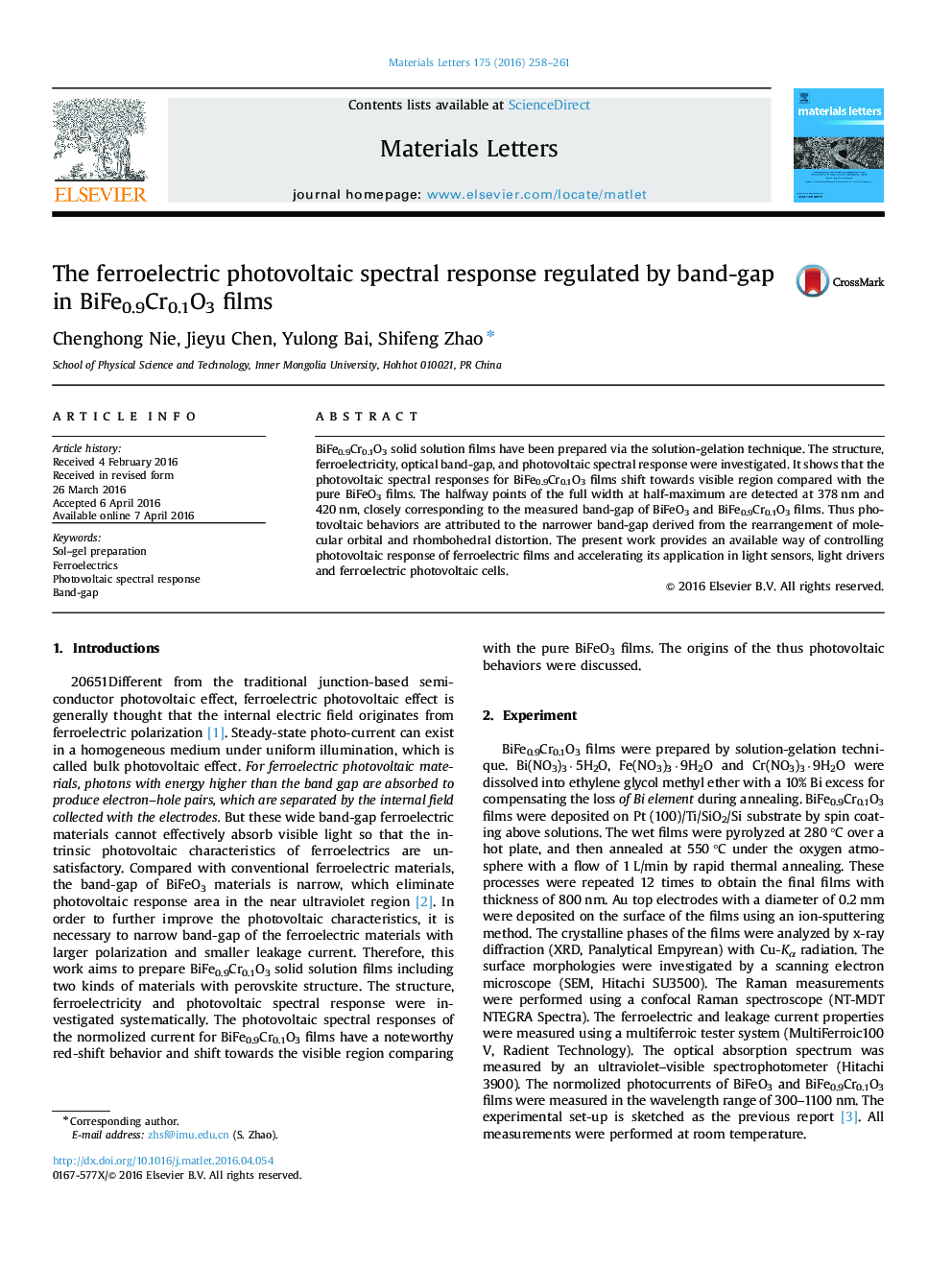 The ferroelectric photovoltaic spectral response regulated by band-gap in BiFe0.9Cr0.1O3 films