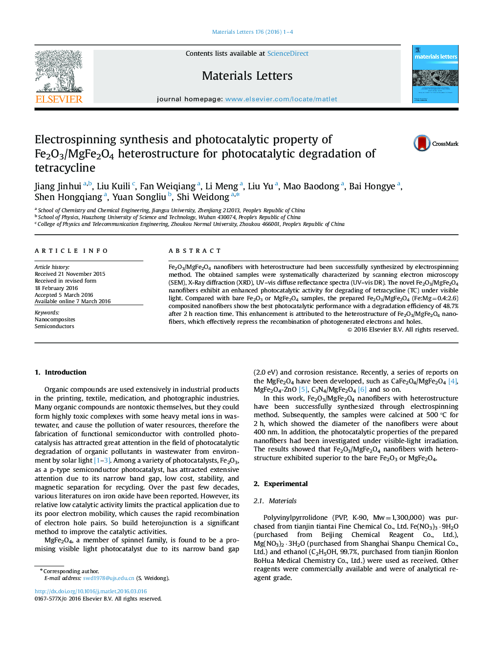 Electrospinning synthesis and photocatalytic property of Fe2O3/MgFe2O4 heterostructure for photocatalytic degradation of tetracycline