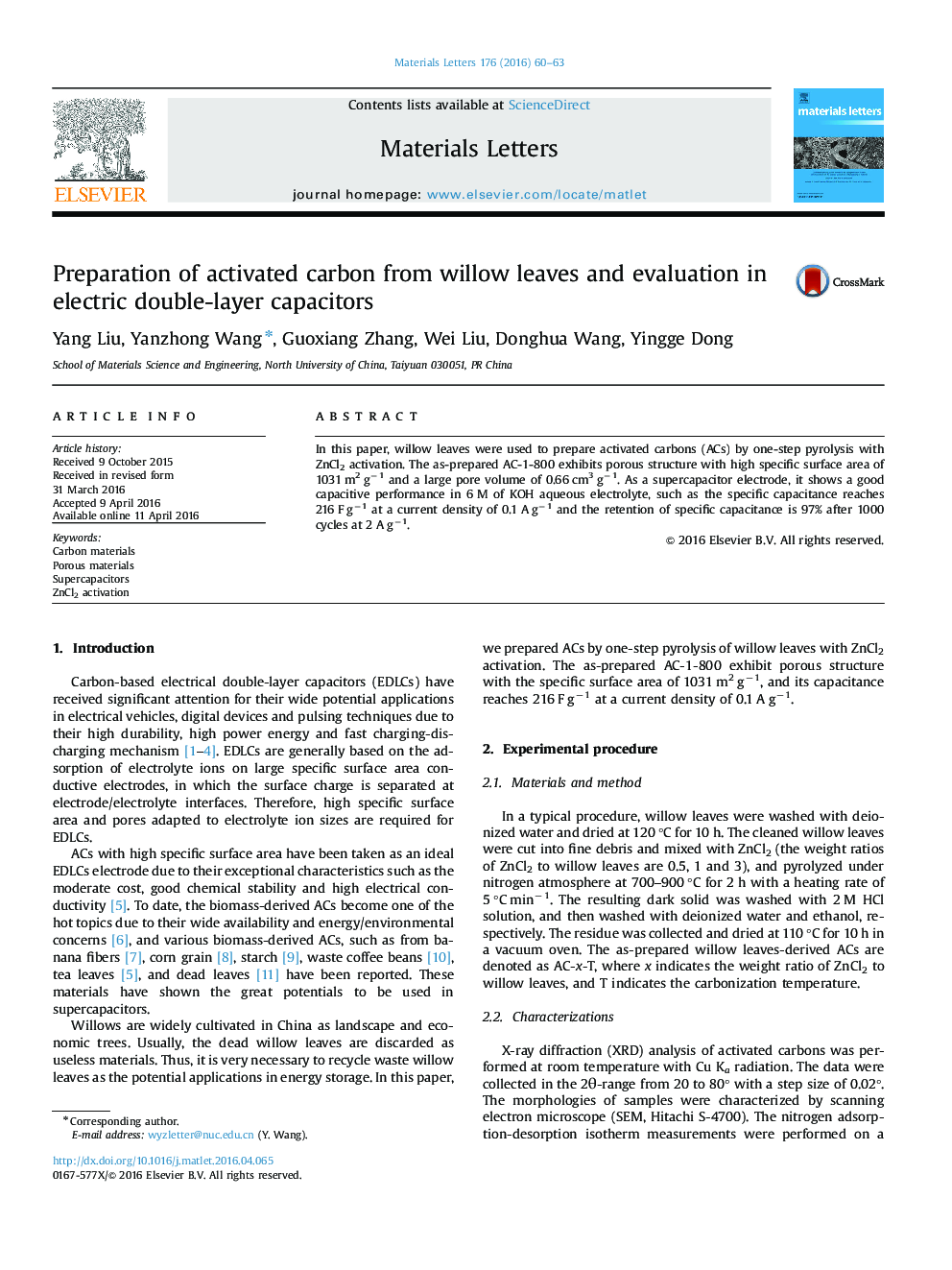 Preparation of activated carbon from willow leaves and evaluation in electric double-layer capacitors