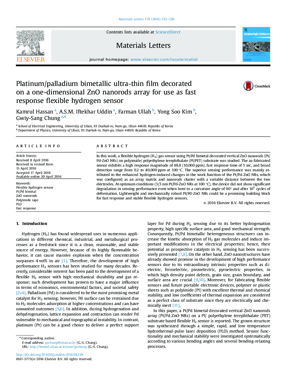 Platinum/palladium bimetallic ultra-thin film decorated on a one-dimensional ZnO nanorods array for use as fast response flexible hydrogen sensor