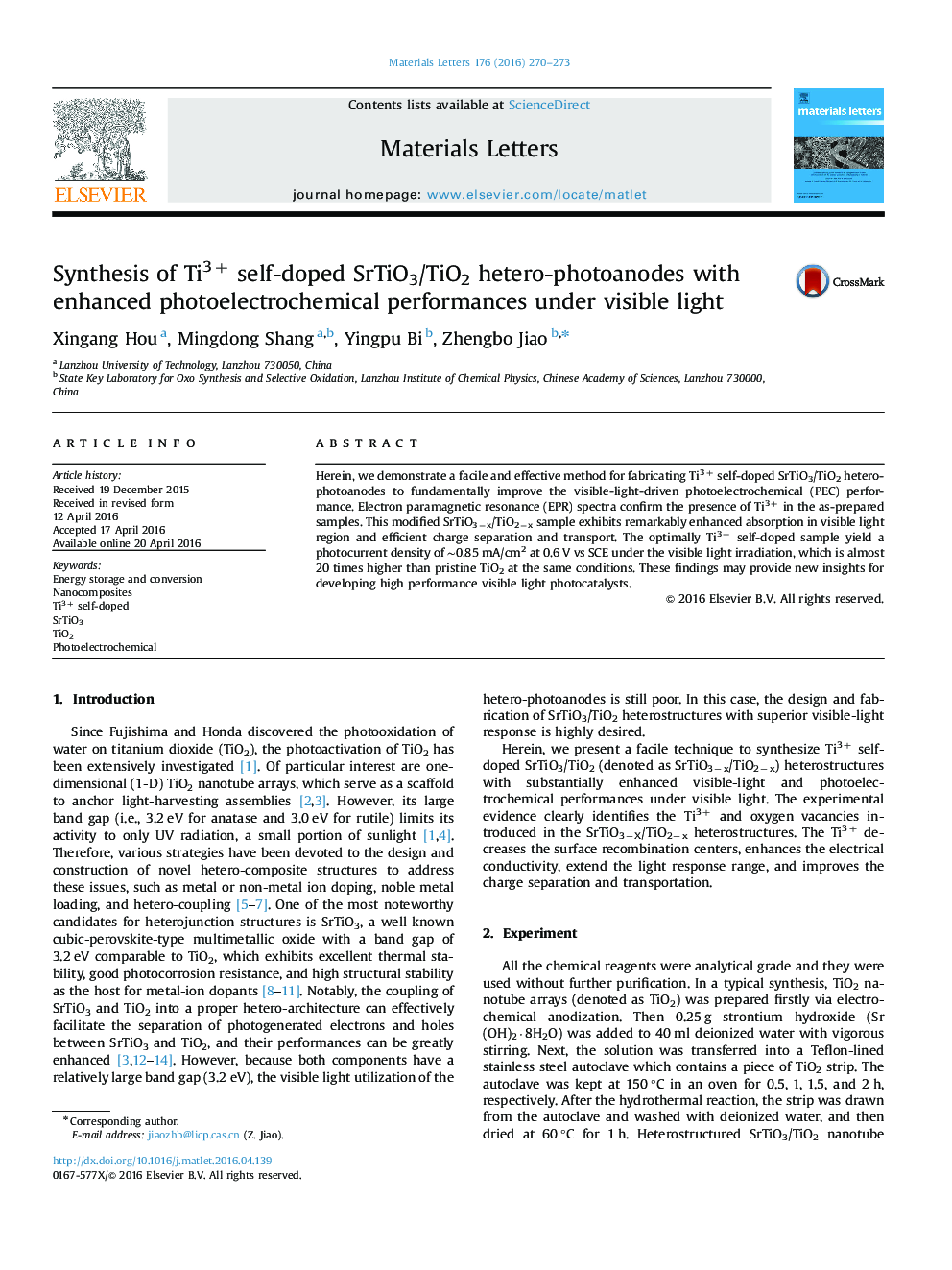 Synthesis of Ti3+ self-doped SrTiO3/TiO2 hetero-photoanodes with enhanced photoelectrochemical performances under visible light