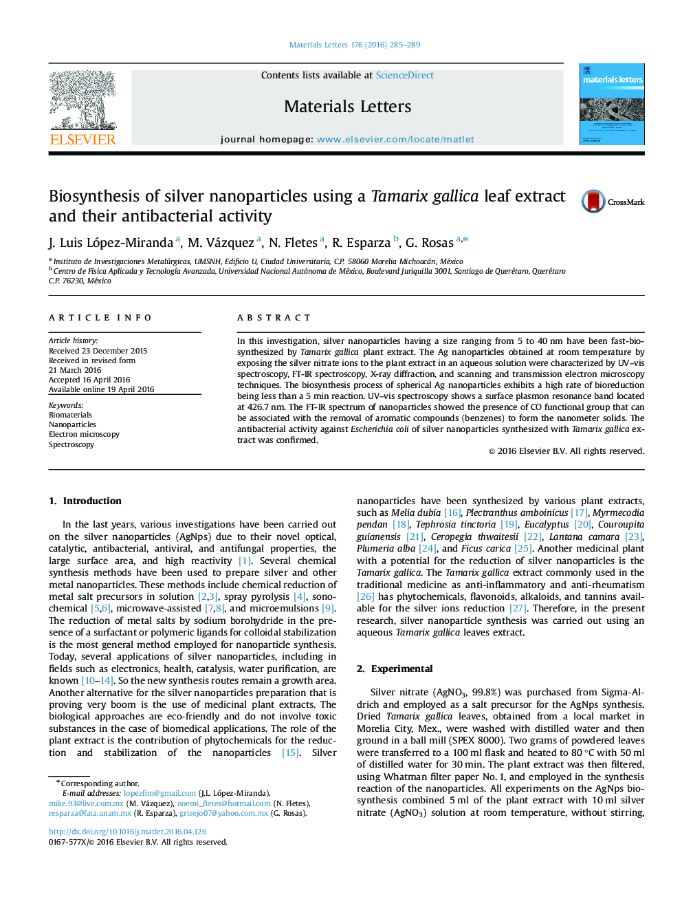 Biosynthesis of silver nanoparticles using a Tamarix gallica leaf extract and their antibacterial activity