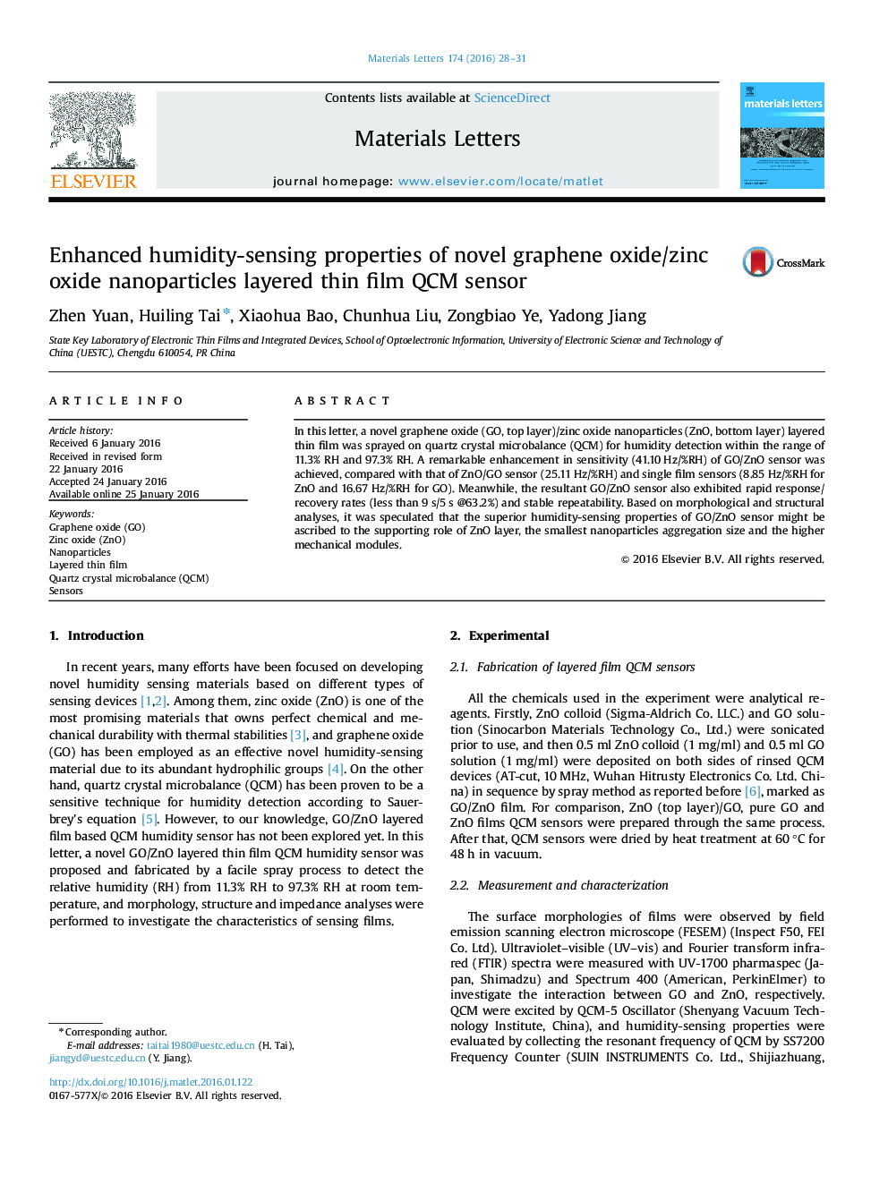 Enhanced humidity-sensing properties of novel graphene oxide/zinc oxide nanoparticles layered thin film QCM sensor