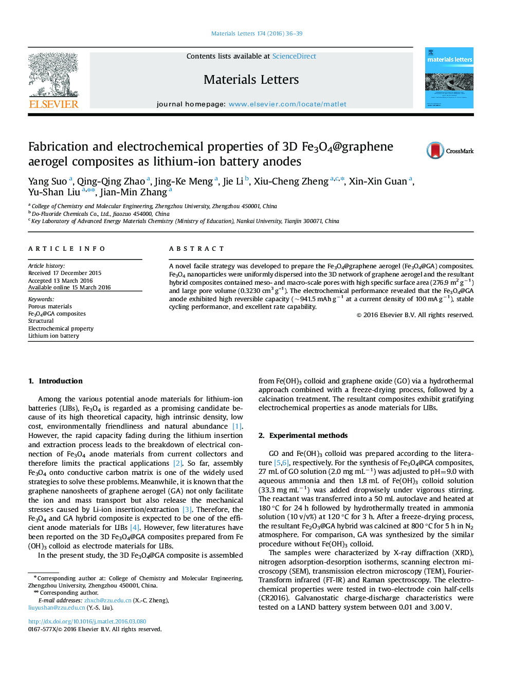 Fabrication and electrochemical properties of 3D Fe3O4@graphene aerogel composites as lithium-ion battery anodes