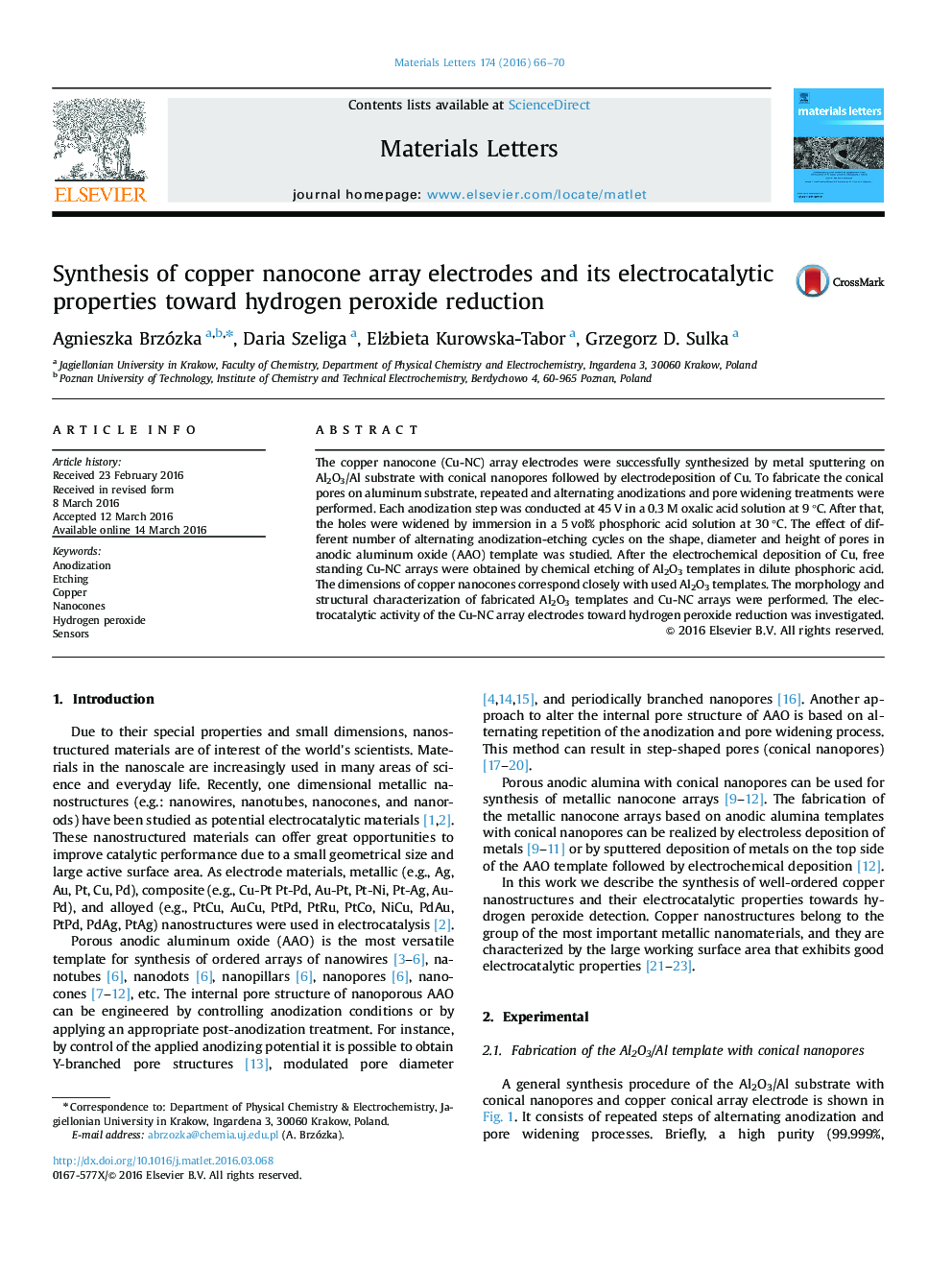 Synthesis of copper nanocone array electrodes and its electrocatalytic properties toward hydrogen peroxide reduction