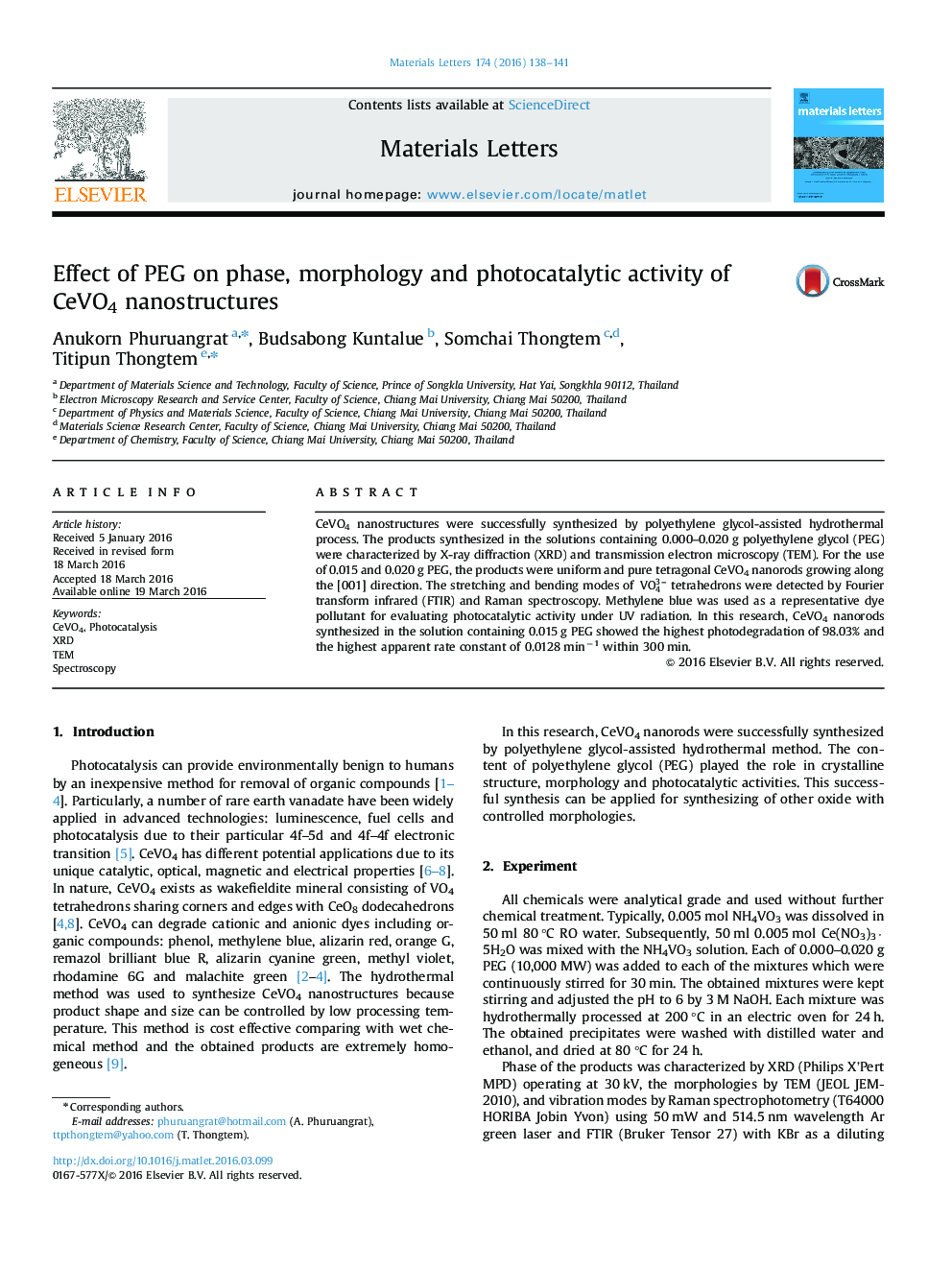 Effect of PEG on phase, morphology and photocatalytic activity of CeVO4 nanostructures