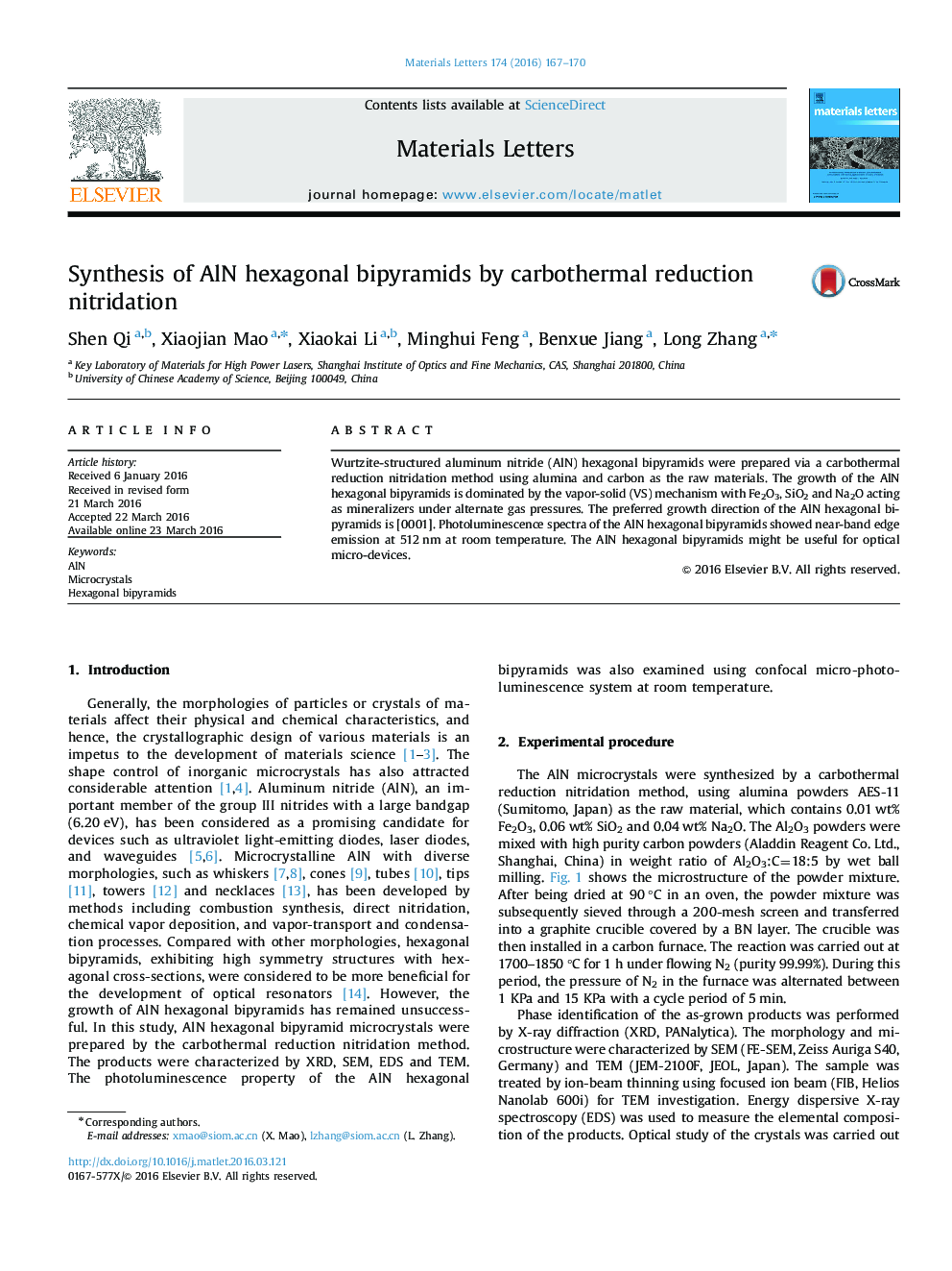 Synthesis of AlN hexagonal bipyramids by carbothermal reduction nitridation