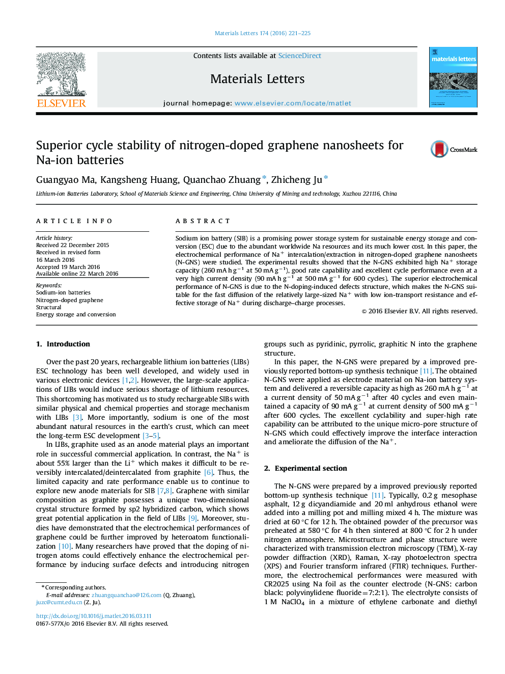 Superior cycle stability of nitrogen-doped graphene nanosheets for Na-ion batteries