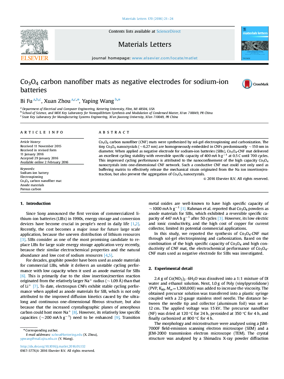 Co3O4 carbon nanofiber mats as negative electrodes for sodium-ion batteries