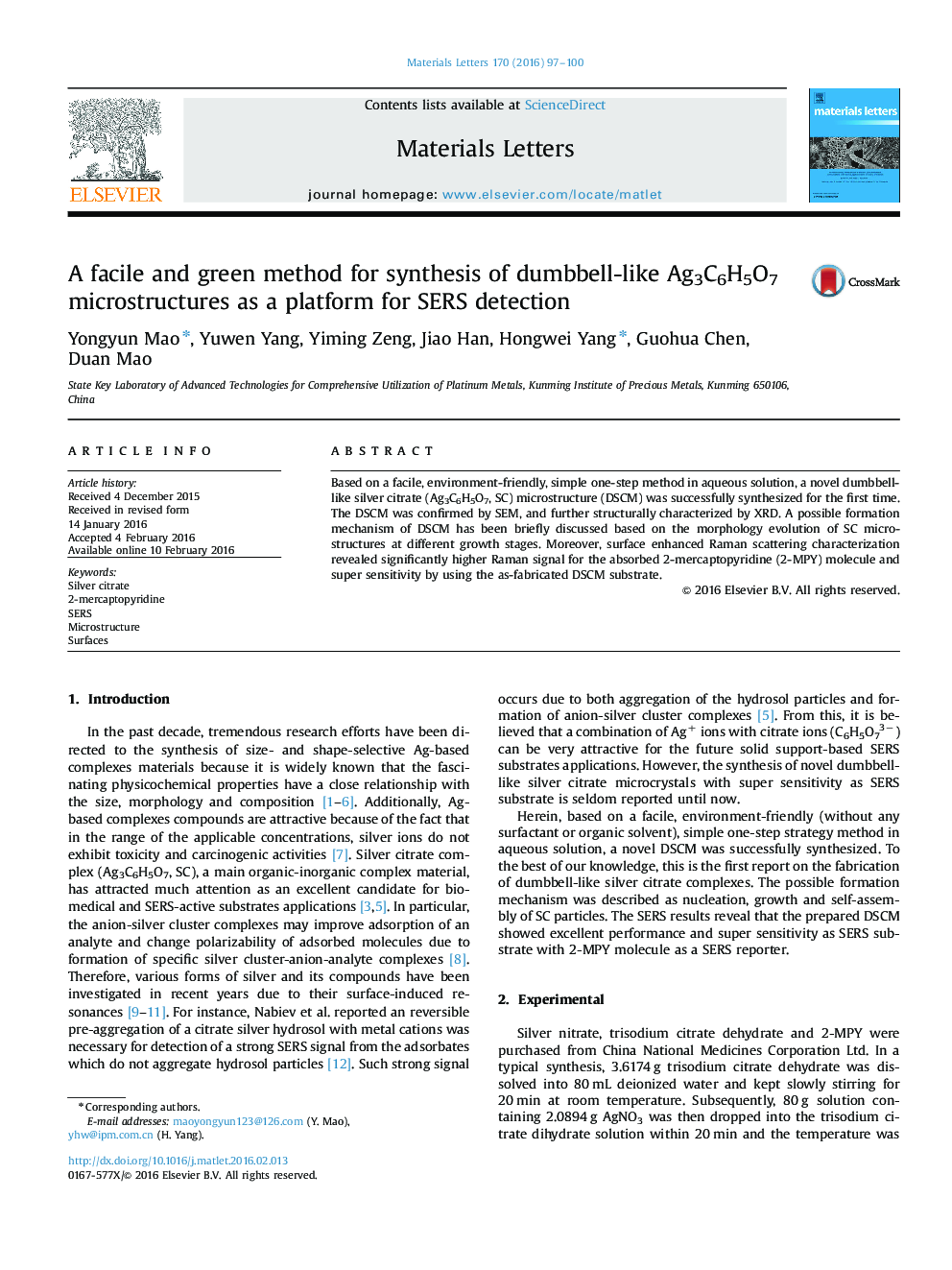 A facile and green method for synthesis of dumbbell-like Ag3C6H5O7 microstructures as a platform for SERS detection