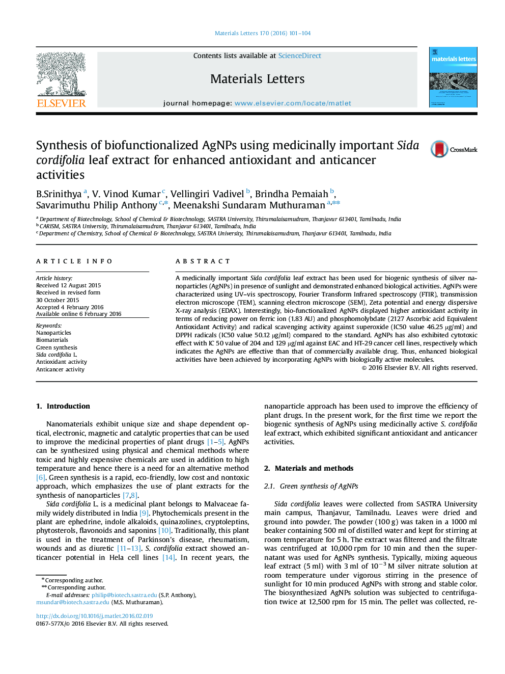 Synthesis of biofunctionalized AgNPs using medicinally important Sida cordifolia leaf extract for enhanced antioxidant and anticancer activities