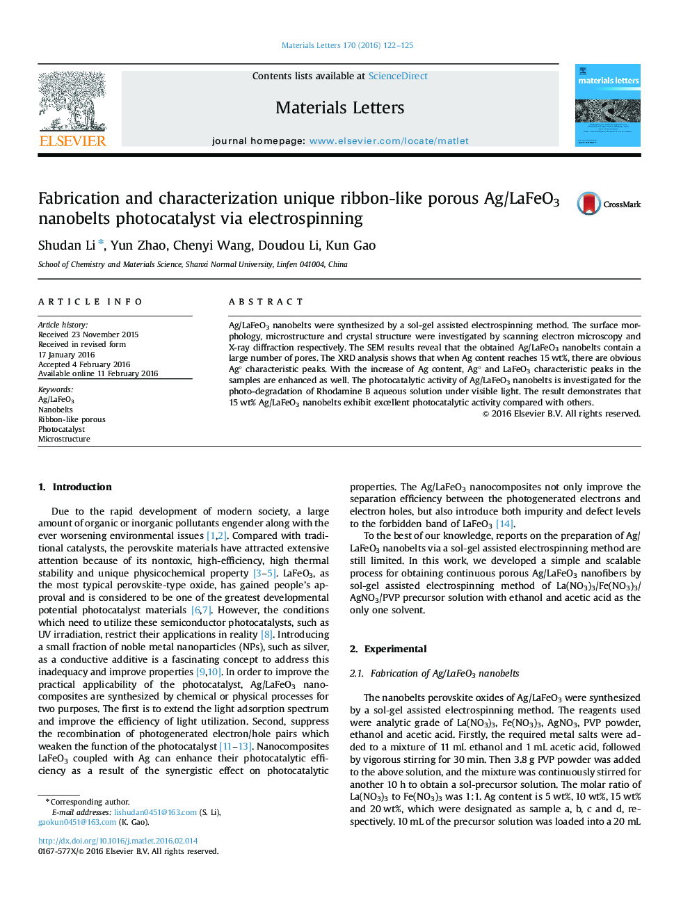 Fabrication and characterization unique ribbon-like porous Ag/LaFeO3 nanobelts photocatalyst via electrospinning