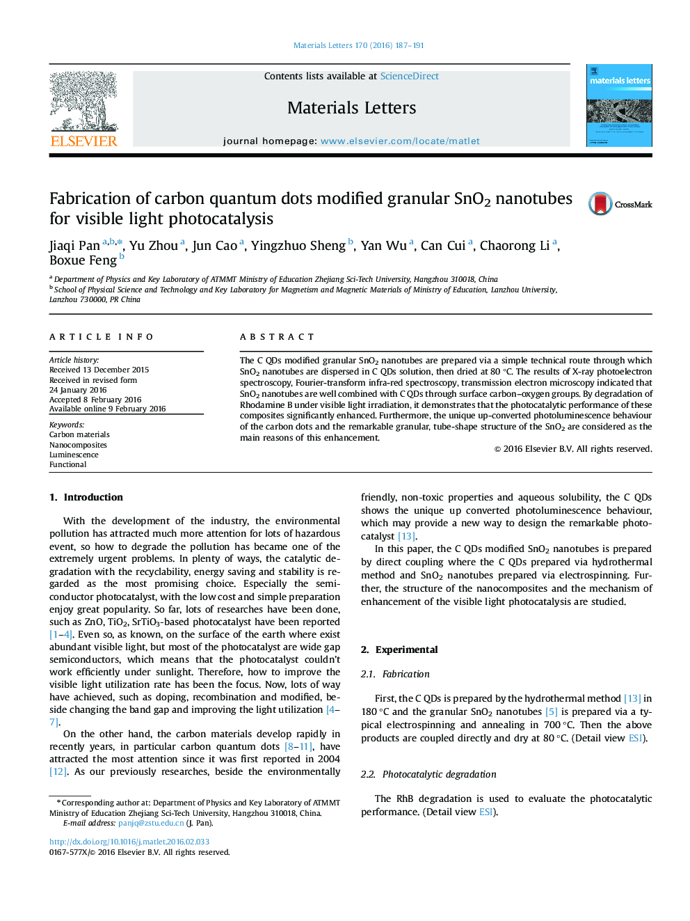 Fabrication of carbon quantum dots modified granular SnO2 nanotubes for visible light photocatalysis