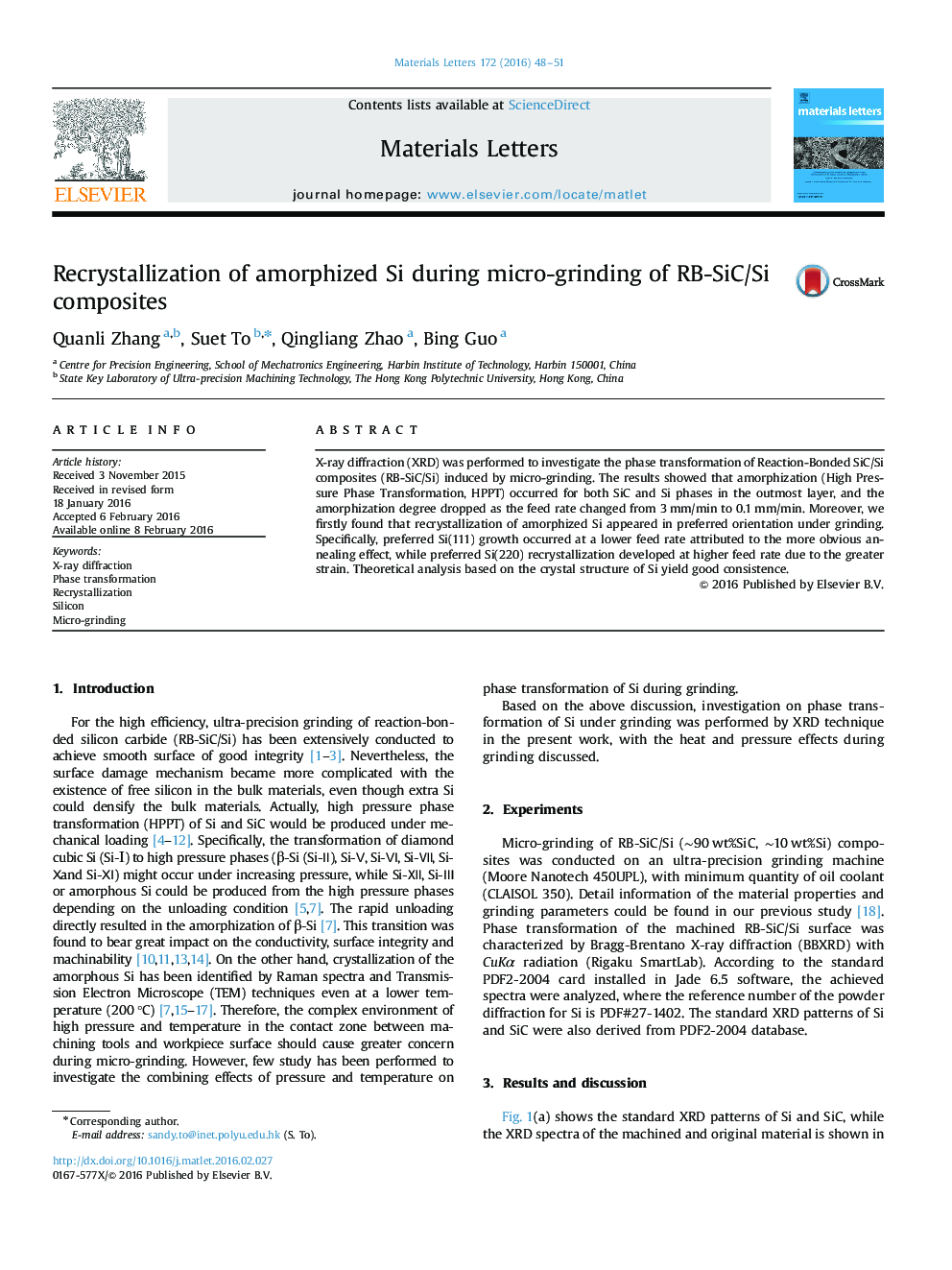 Recrystallization of amorphized Si during micro-grinding of RB-SiC/Si composites