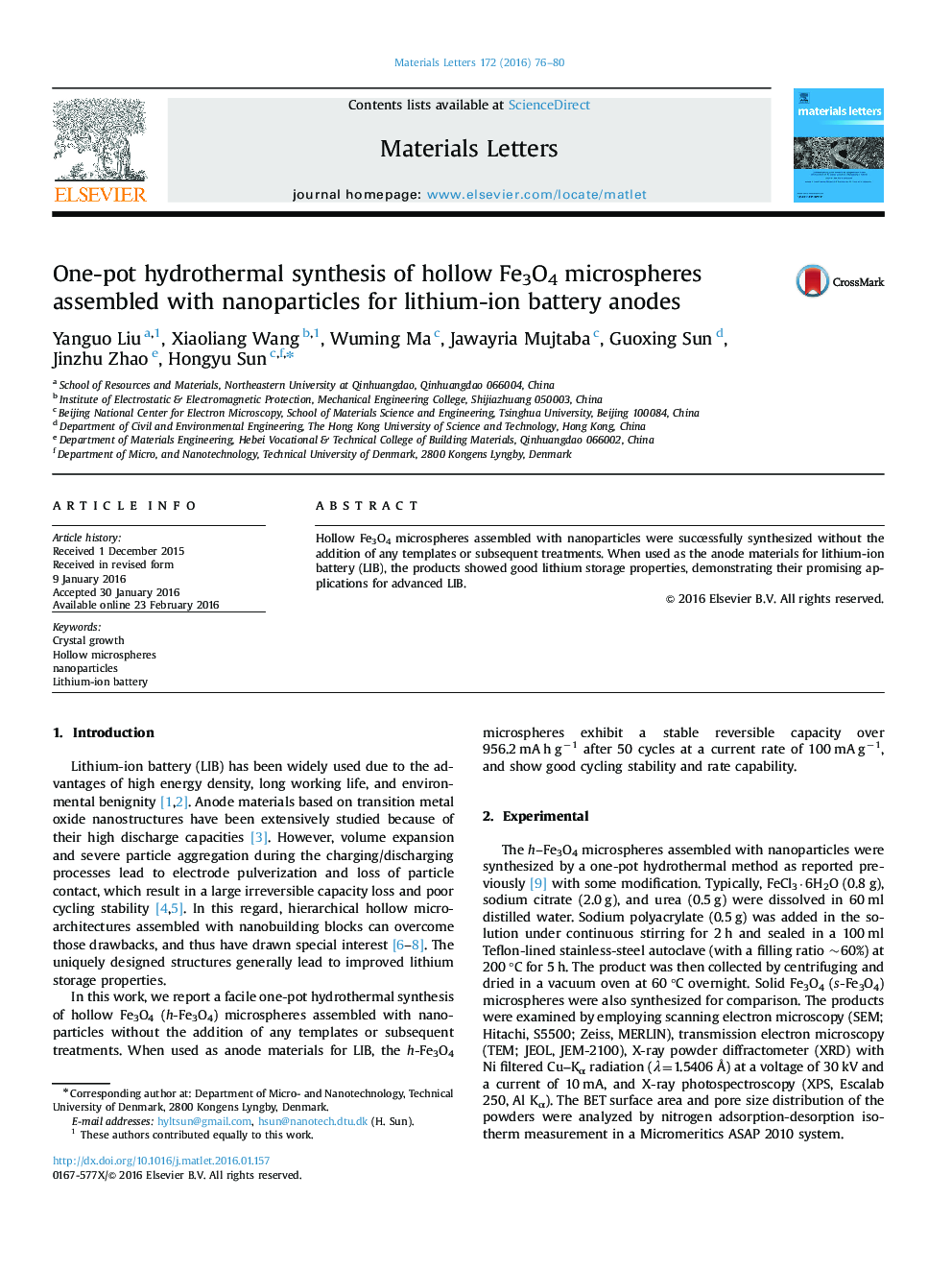 One-pot hydrothermal synthesis of hollow Fe3O4 microspheres assembled with nanoparticles for lithium-ion battery anodes