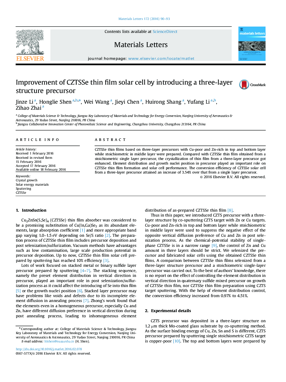 Improvement of CZTSSe thin film solar cell by introducing a three-layer structure precursor