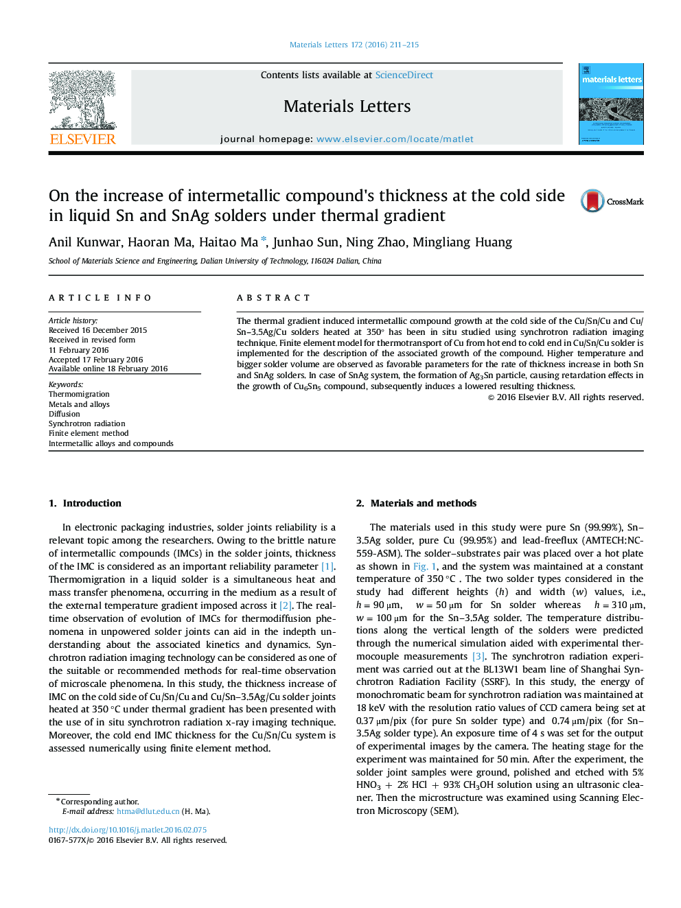 On the increase of intermetallic compound's thickness at the cold side in liquid Sn and SnAg solders under thermal gradient