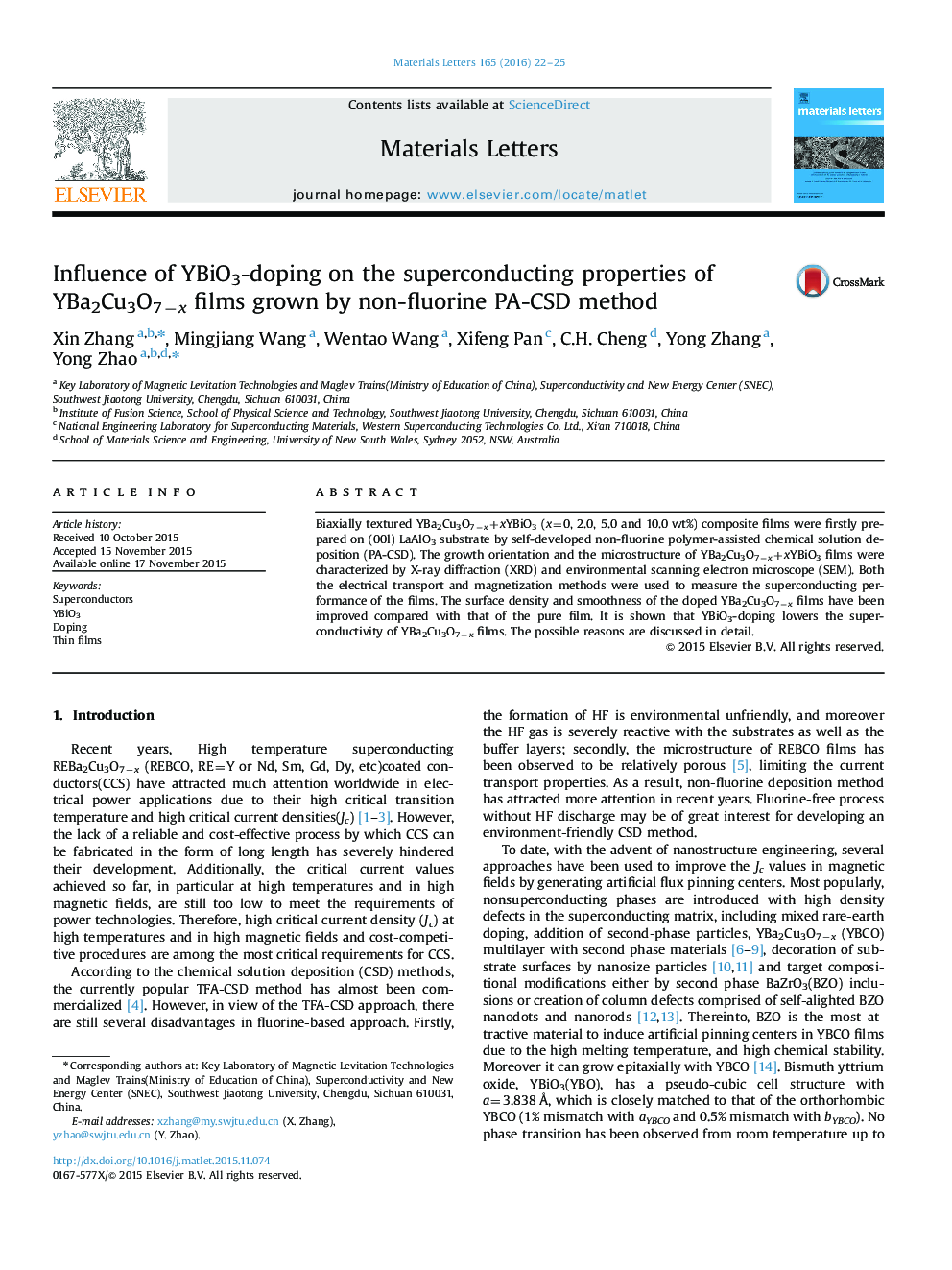 Influence of YBiO3-doping on the superconducting properties of YBa2Cu3O7âx films grown by non-fluorine PA-CSD method