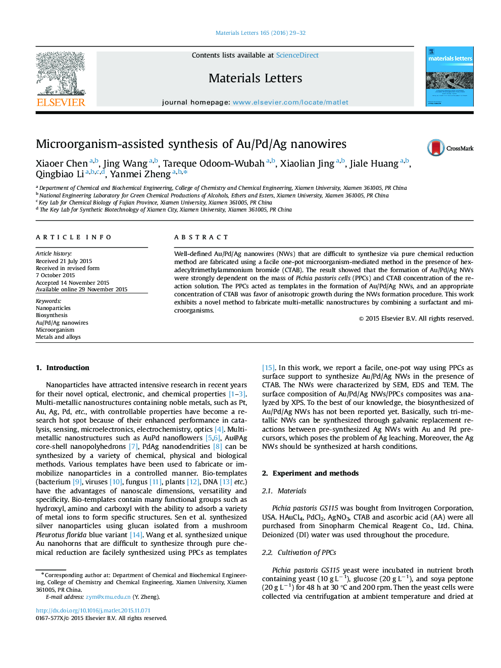عکس صفحه اول مقاله: Microorganism-assisted synthesis of Au/Pd/Ag nanowires Microorganism-assisted synthesis of Au/Pd/Ag nanowires
