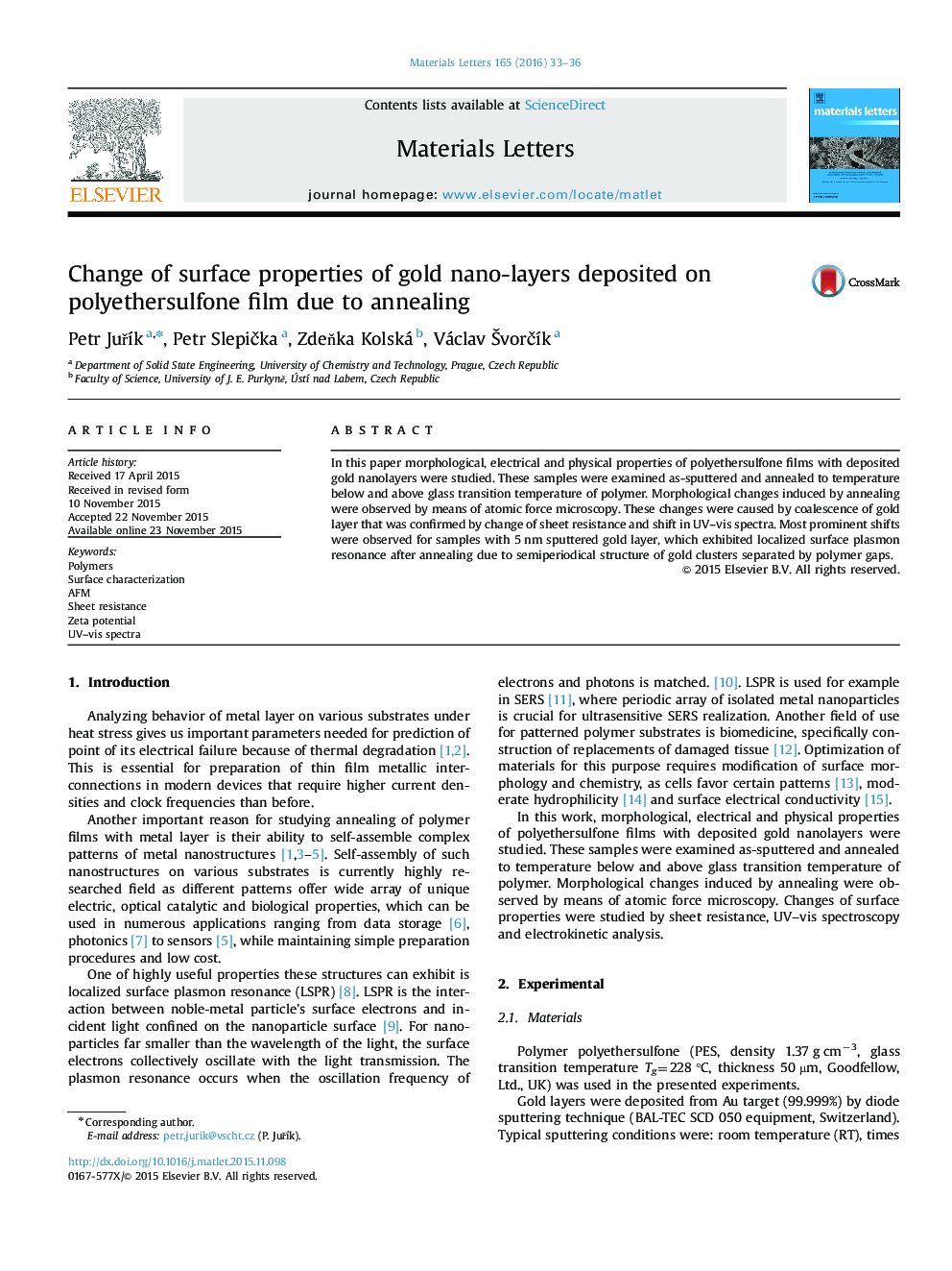 Change of surface properties of gold nano-layers deposited on polyethersulfone film due to annealing