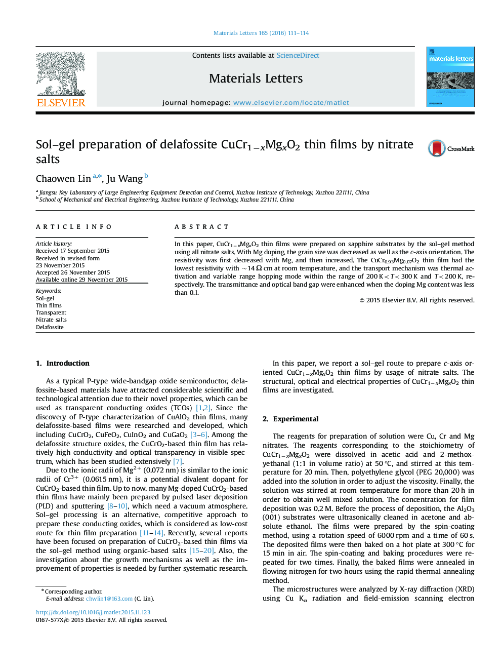 Sol-gel preparation of delafossite CuCr1âxMgxO2 thin films by nitrate salts