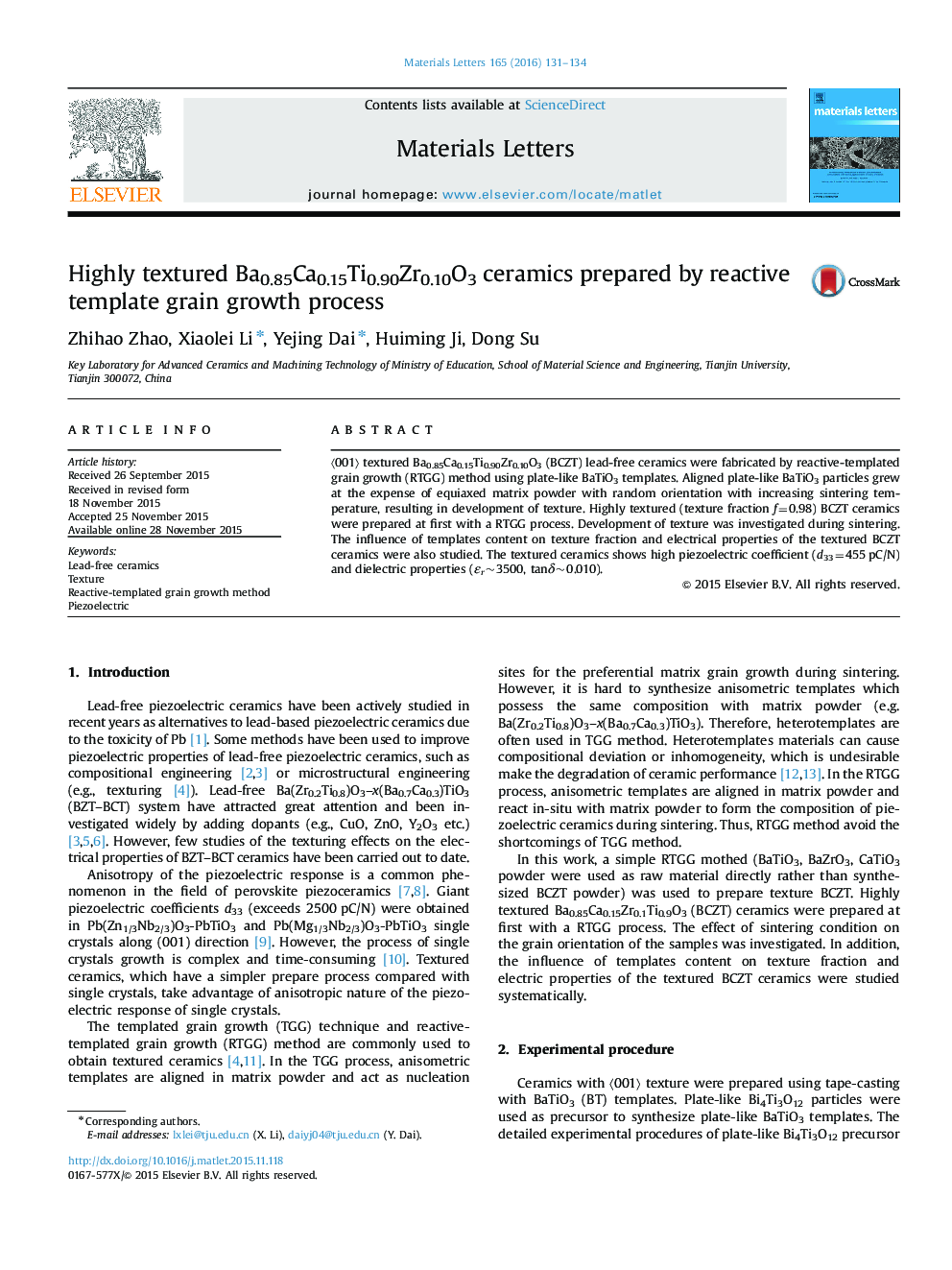 Highly textured Ba0.85Ca0.15Ti0.90Zr0.10O3 ceramics prepared by reactive template grain growth process