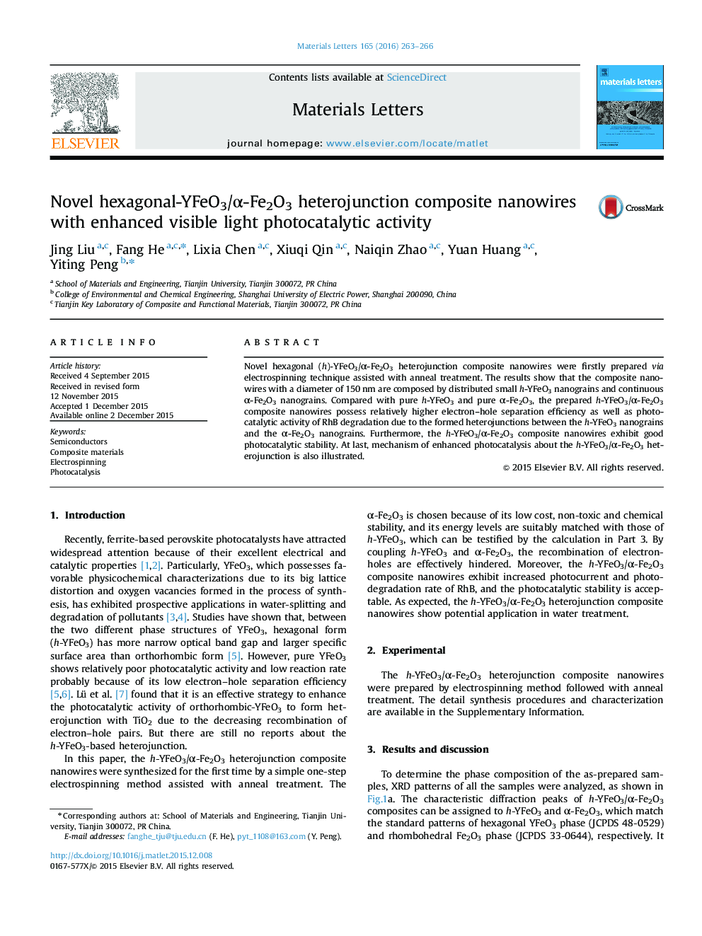 Novel hexagonal-YFeO3/α-Fe2O3 heterojunction composite nanowires with enhanced visible light photocatalytic activity