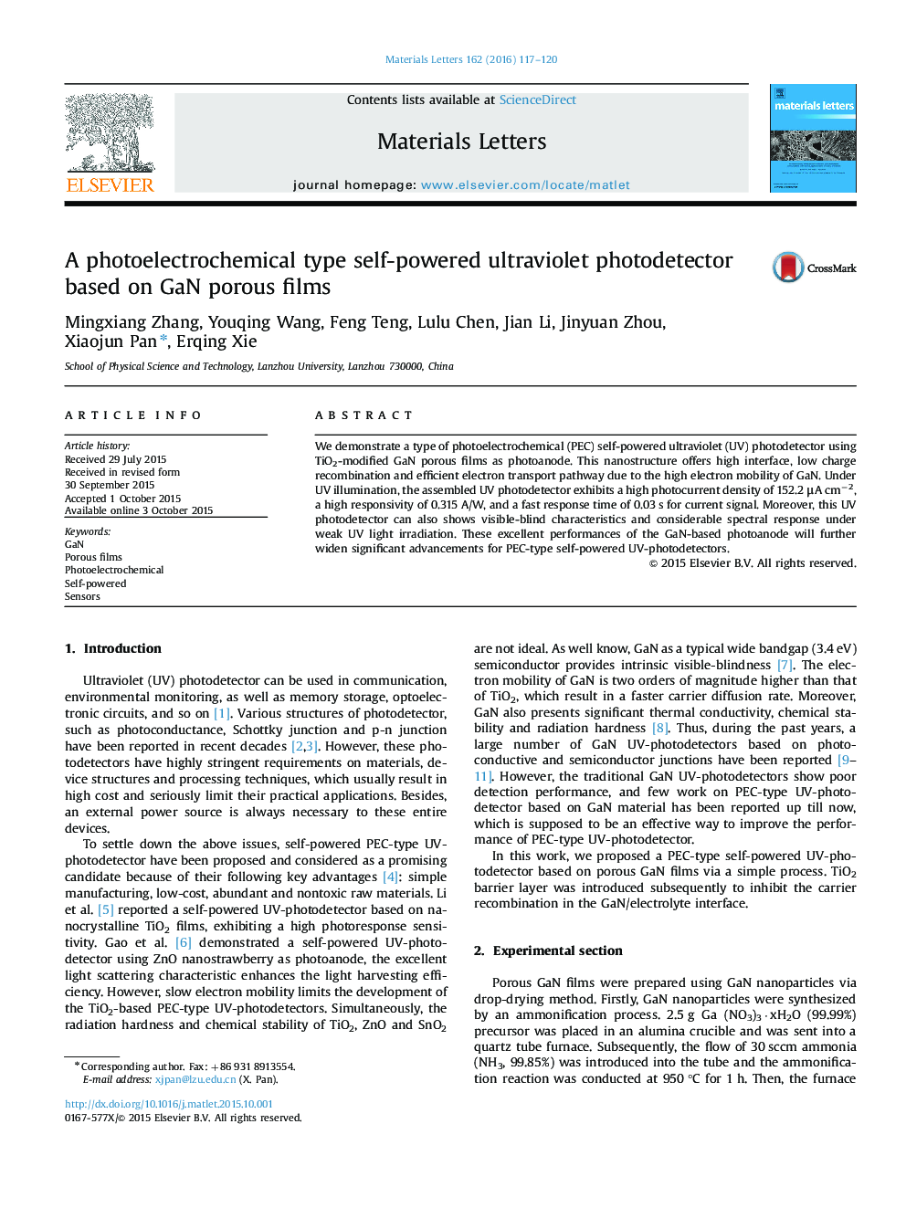 A photoelectrochemical type self-powered ultraviolet photodetector based on GaN porous films