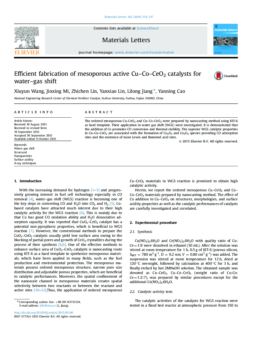 Efficient fabrication of mesoporous active Cu–Co–CeO2 catalysts for water–gas shift