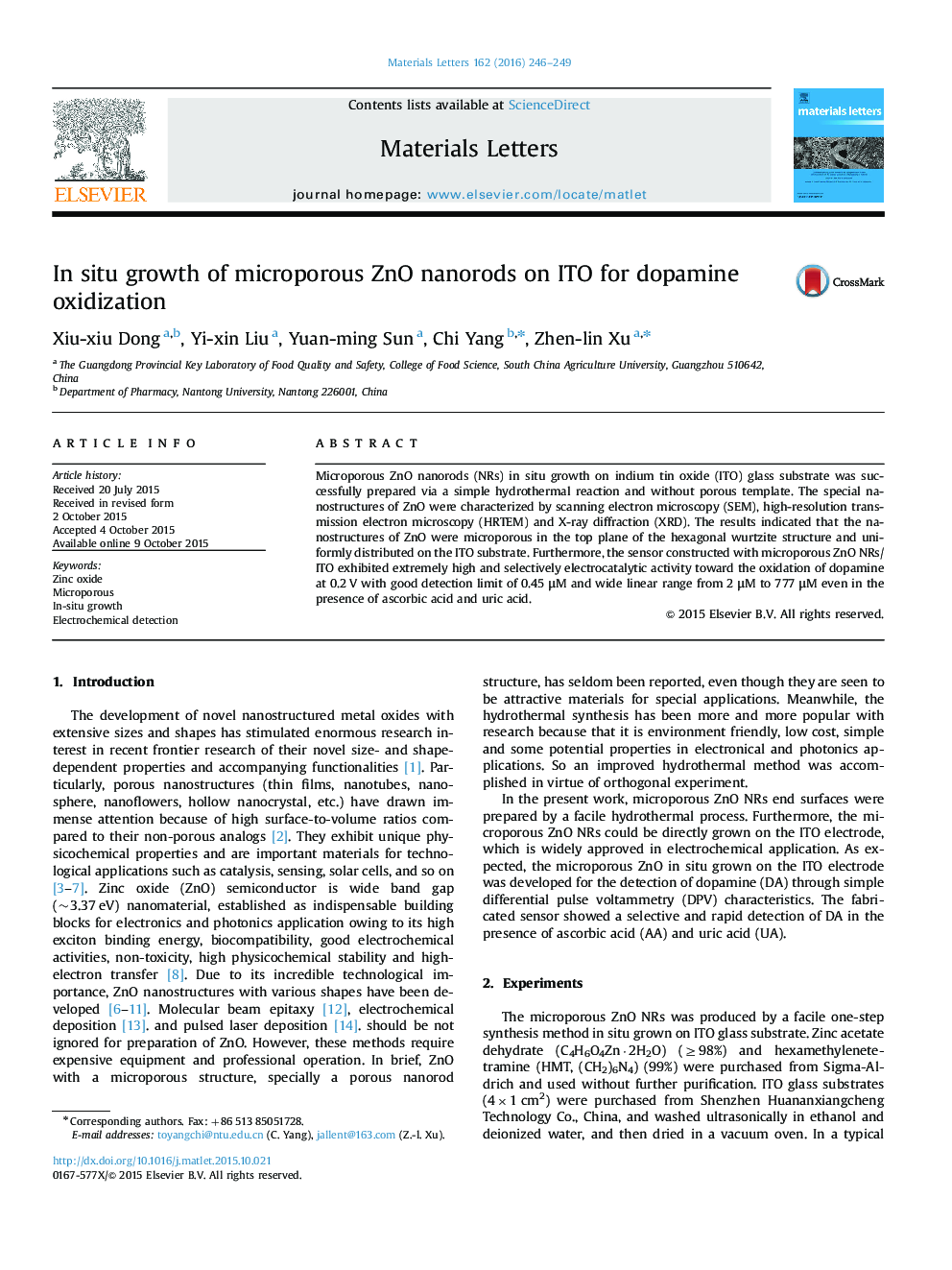 In situ growth of microporous ZnO nanorods on ITO for dopamine oxidization