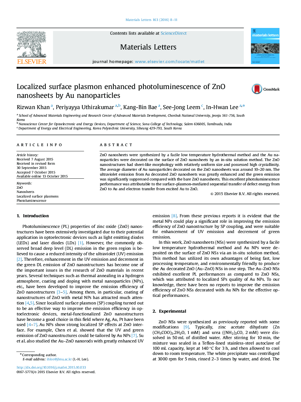 Localized surface plasmon enhanced photoluminescence of ZnO nanosheets by Au nanoparticles