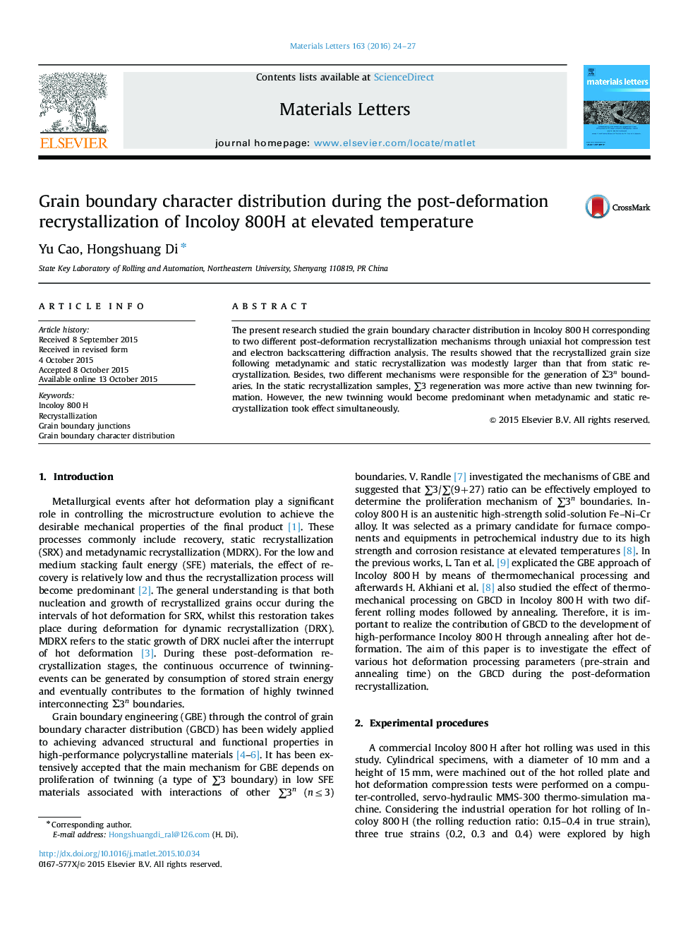 Grain boundary character distribution during the post-deformation recrystallization of Incoloy 800H at elevated temperature