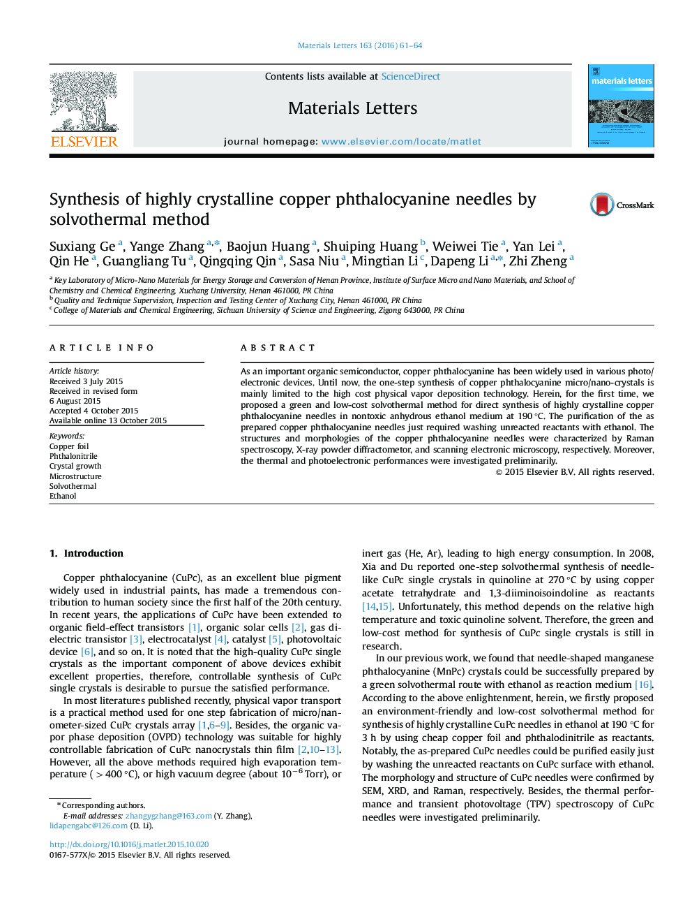 Synthesis of highly crystalline copper phthalocyanine needles by solvothermal method