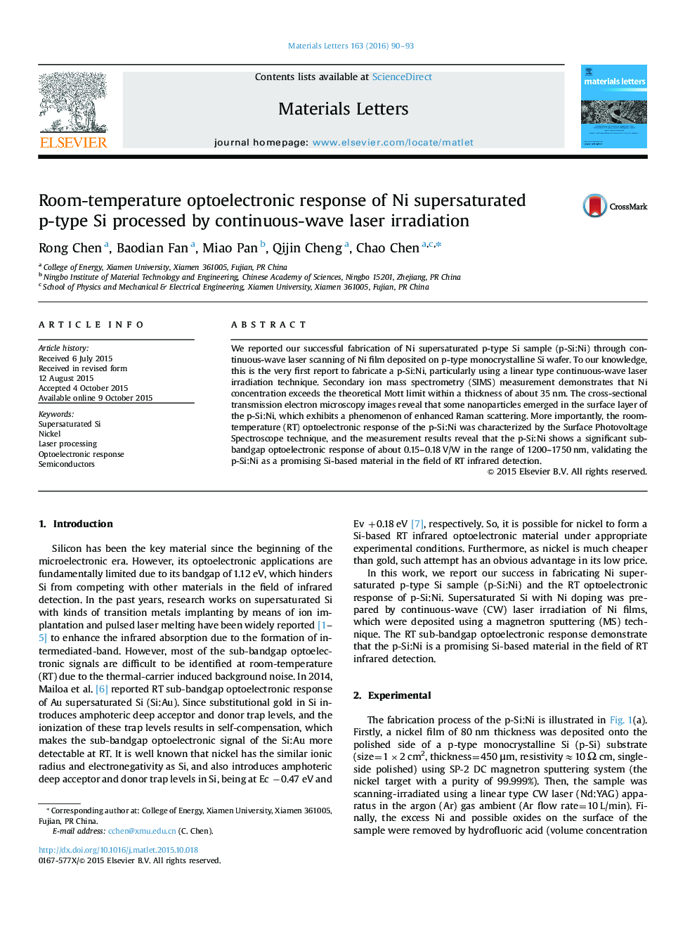 Room-temperature optoelectronic response of Ni supersaturated p-type Si processed by continuous-wave laser irradiation