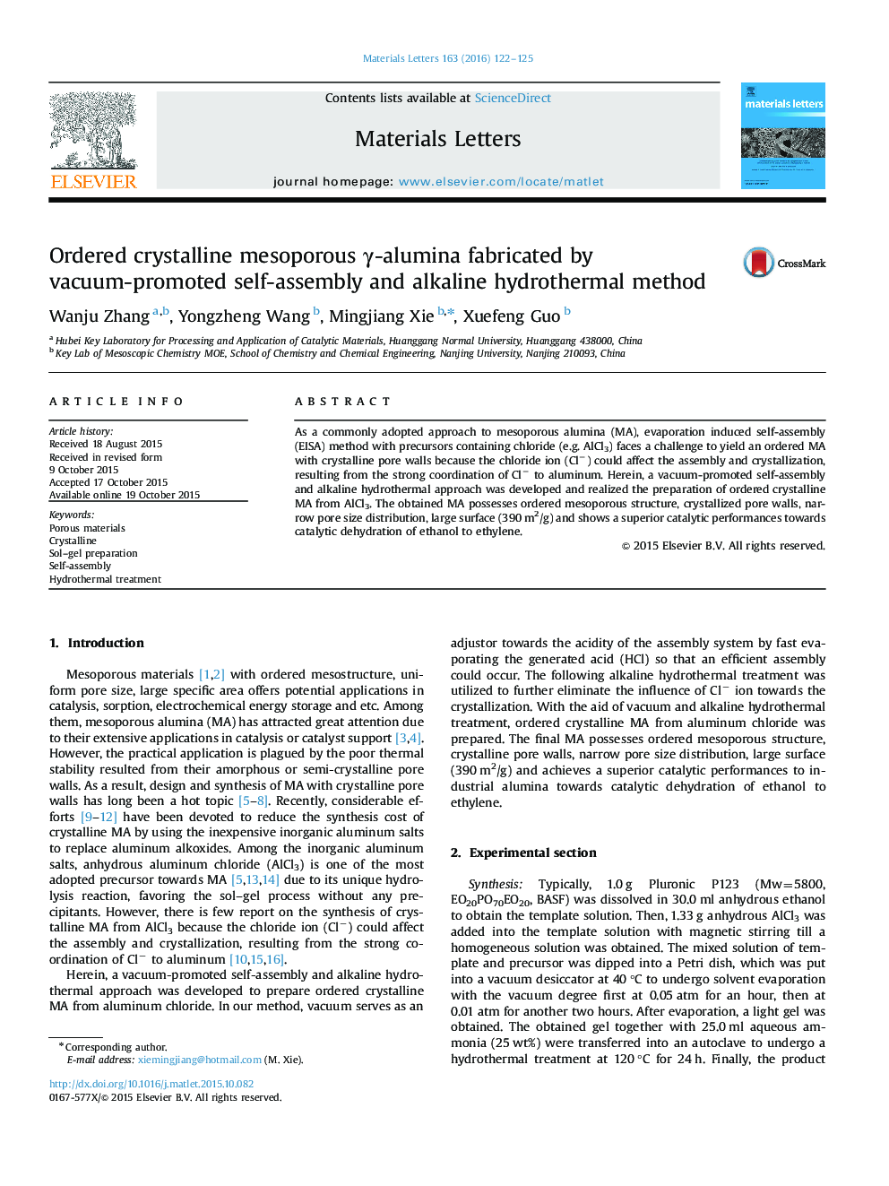 Ordered crystalline mesoporous Î³-alumina fabricated by vacuum-promoted self-assembly and alkaline hydrothermal method