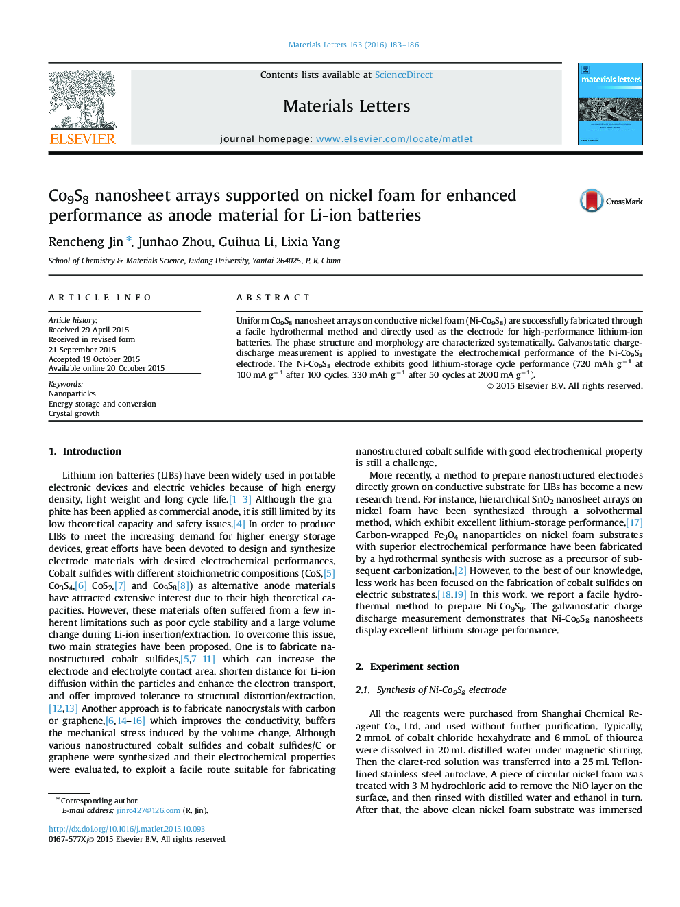 Co9S8 nanosheet arrays supported on nickel foam for enhanced performance as anode material for Li-ion batteries