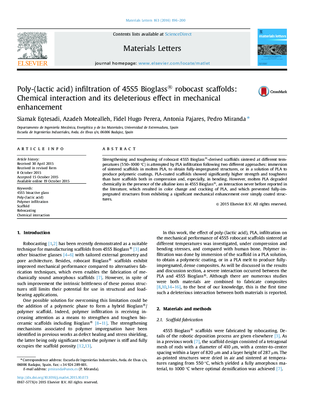 Poly-(lactic acid) infiltration of 45S5 Bioglass® robocast scaffolds: Chemical interaction and its deleterious effect in mechanical enhancement