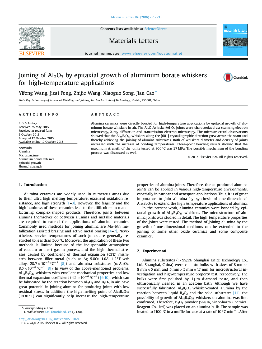 Joining of Al2O3 by epitaxial growth of aluminum borate whiskers for high-temperature applications