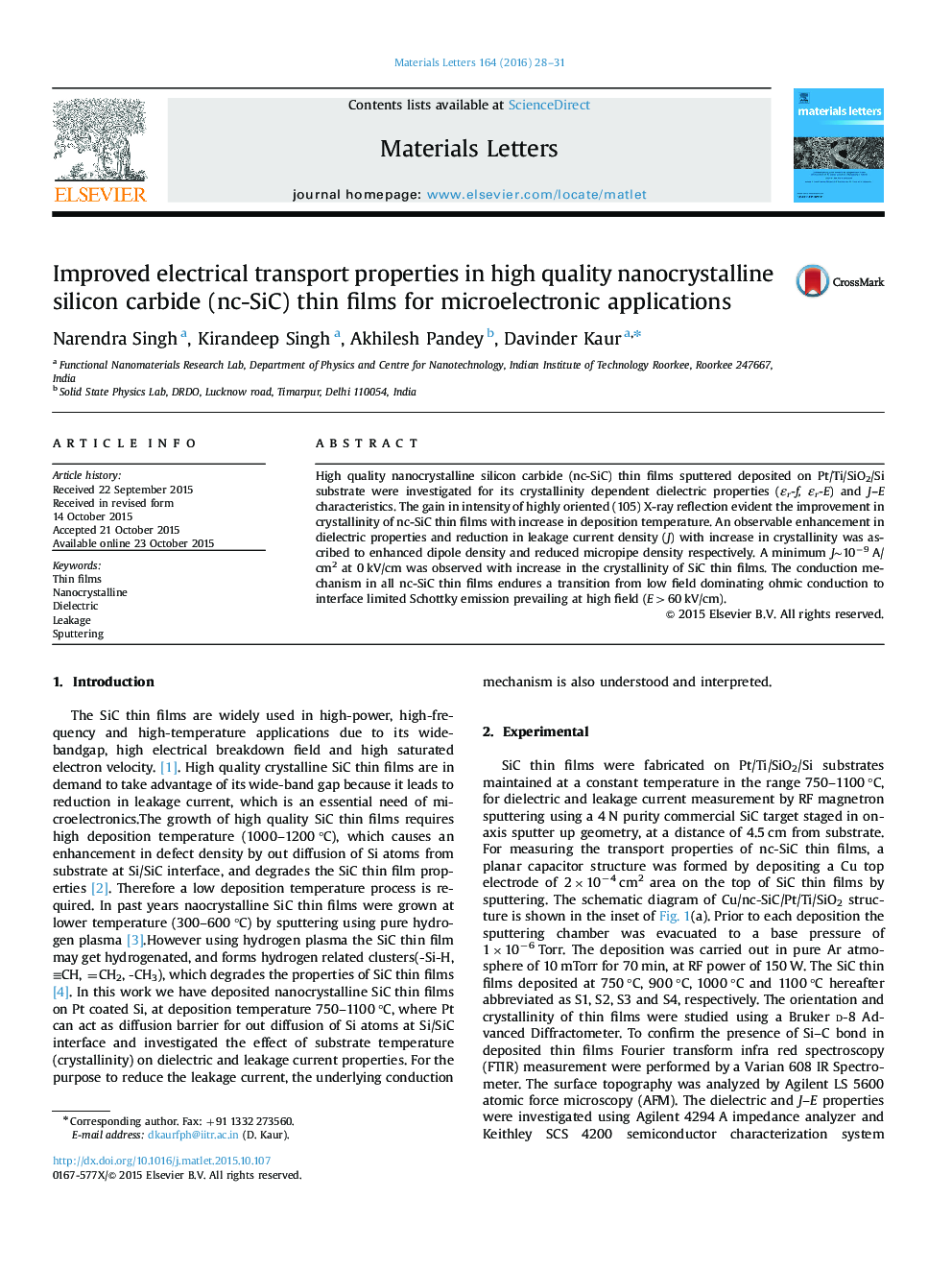 Improved electrical transport properties in high quality nanocrystalline silicon carbide (nc-SiC) thin films for microelectronic applications