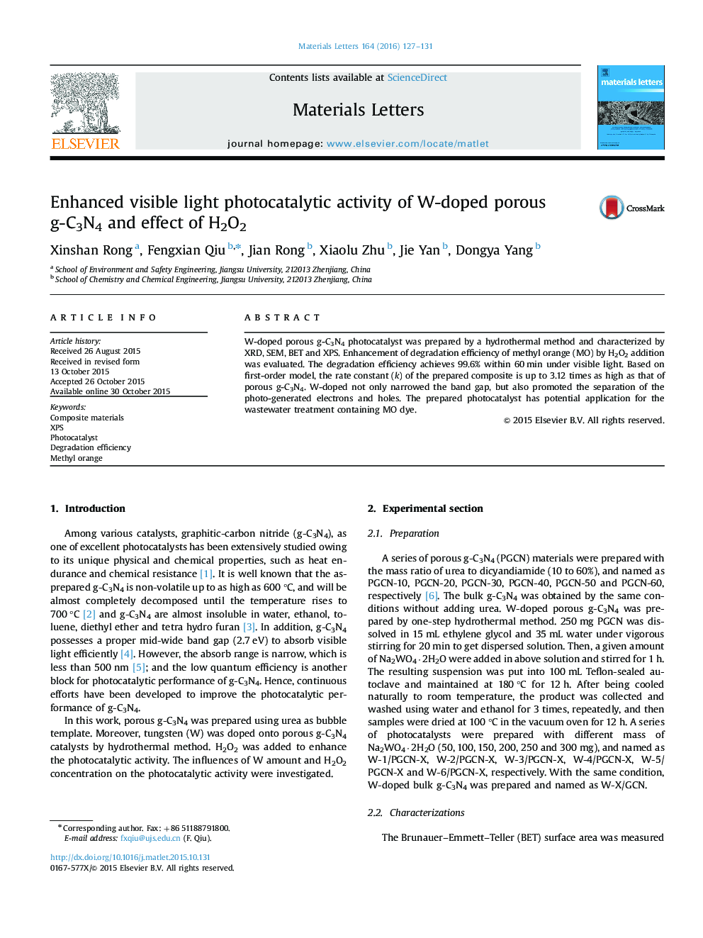 Enhanced visible light photocatalytic activity of W-doped porous g-C3N4 and effect of H2O2