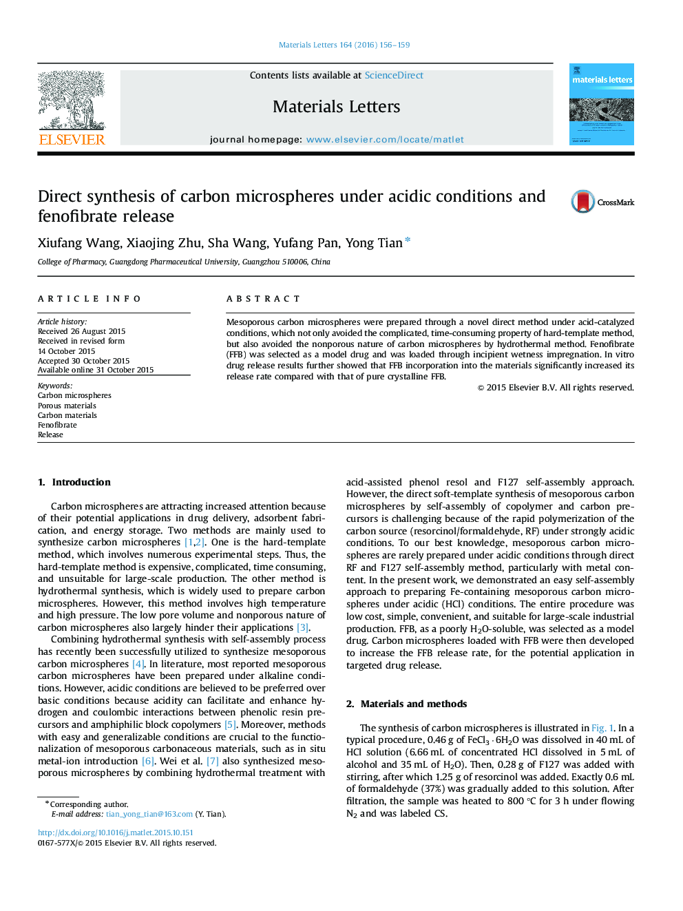 Direct synthesis of carbon microspheres under acidic conditions and fenofibrate release