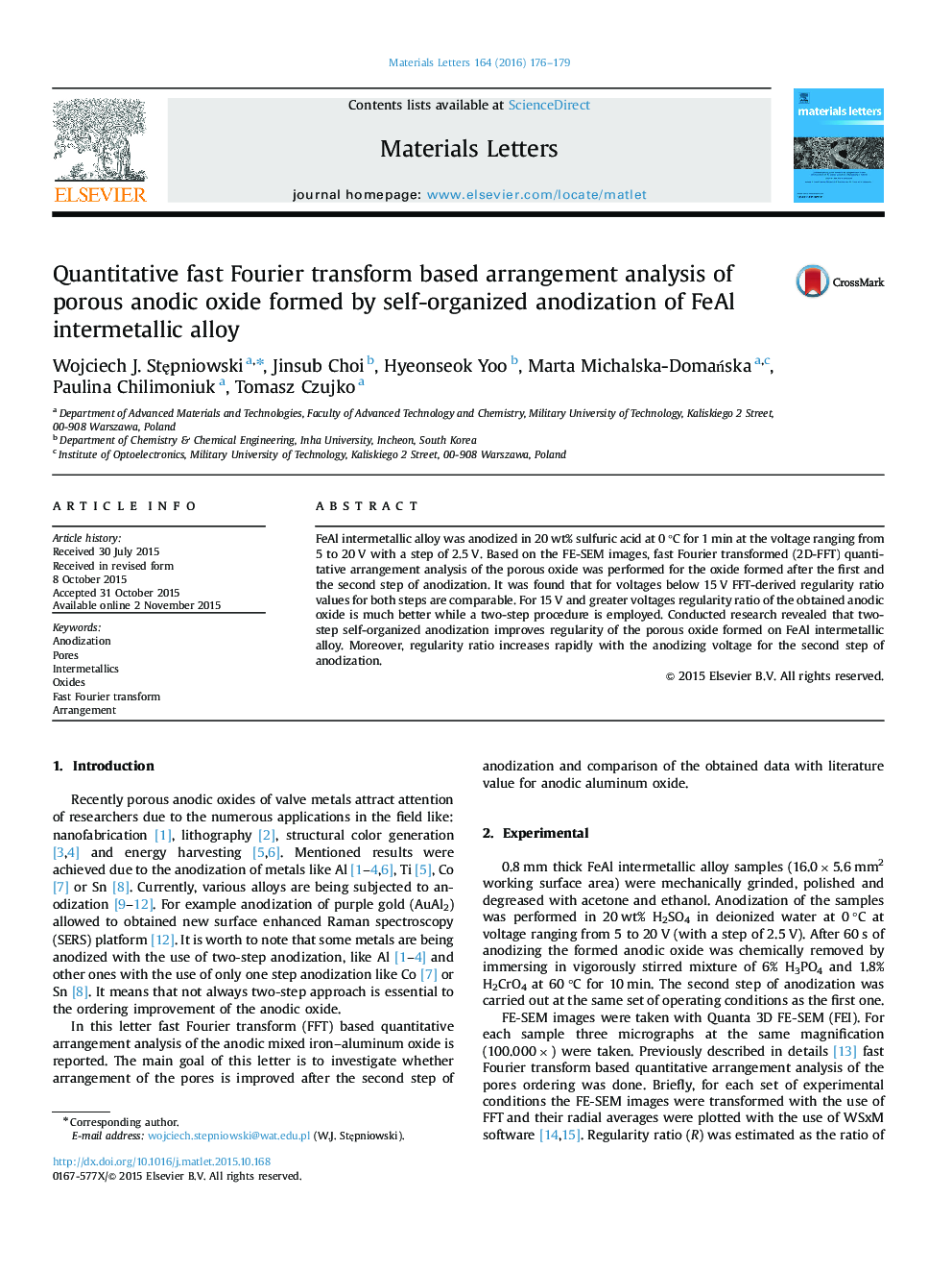 Quantitative fast Fourier transform based arrangement analysis of porous anodic oxide formed by self-organized anodization of FeAl intermetallic alloy