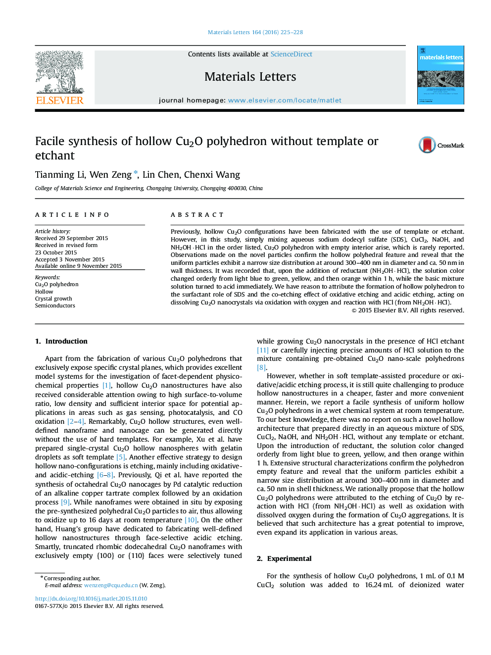 Facile synthesis of hollow Cu2O polyhedron without template or etchant