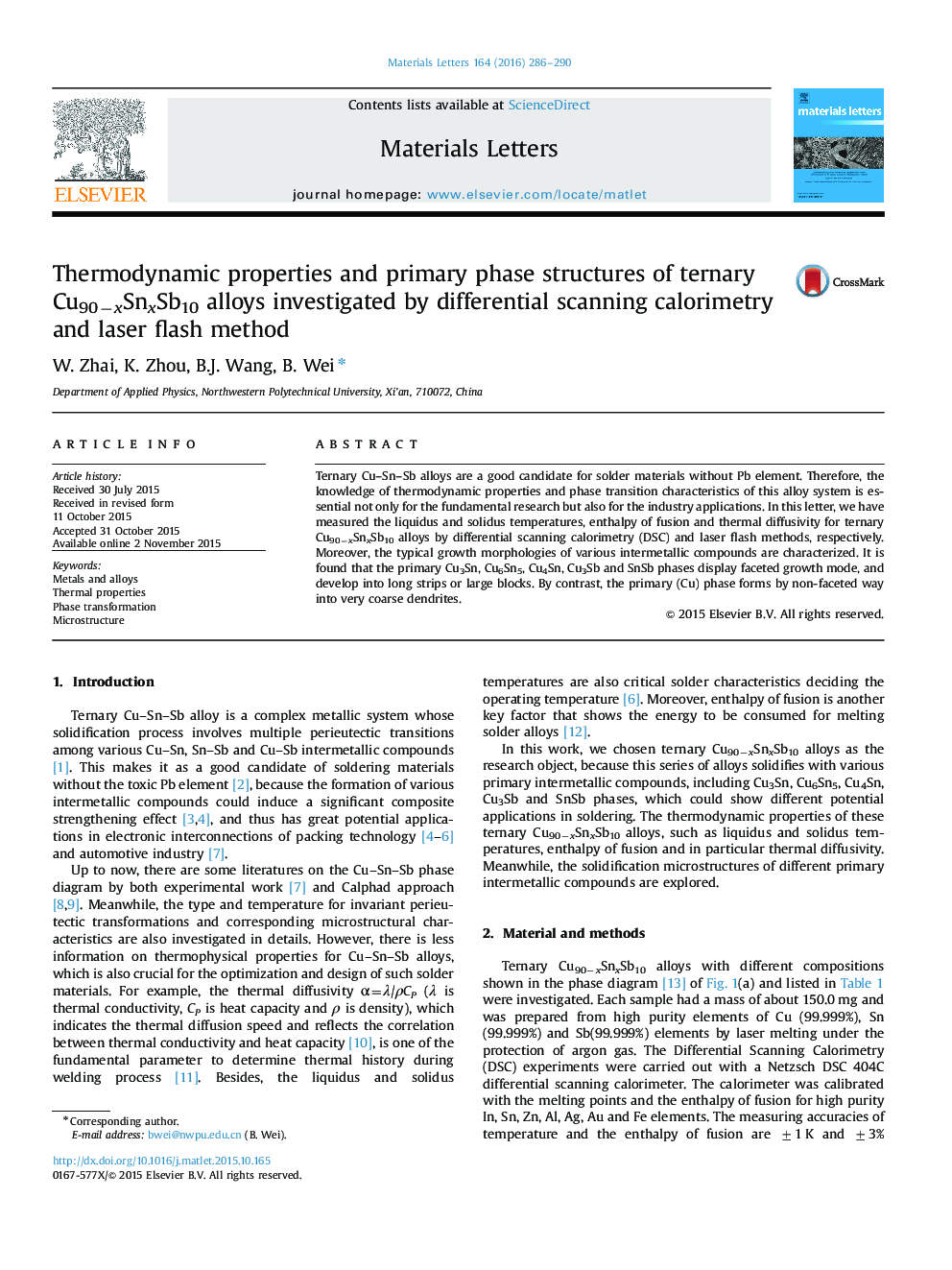 Thermodynamic properties and primary phase structures of ternary Cu90−xSnxSb10 alloys investigated by differential scanning calorimetry and laser flash method