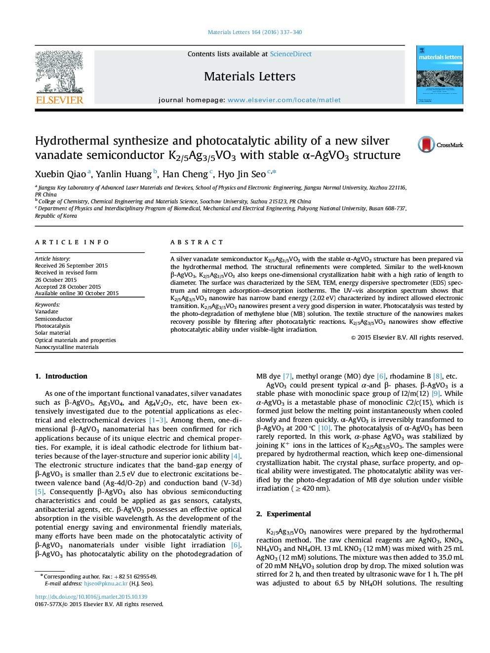 Hydrothermal synthesize and photocatalytic ability of a new silver vanadate semiconductor K2/5Ag3/5VO3 with stable α-AgVO3 structure