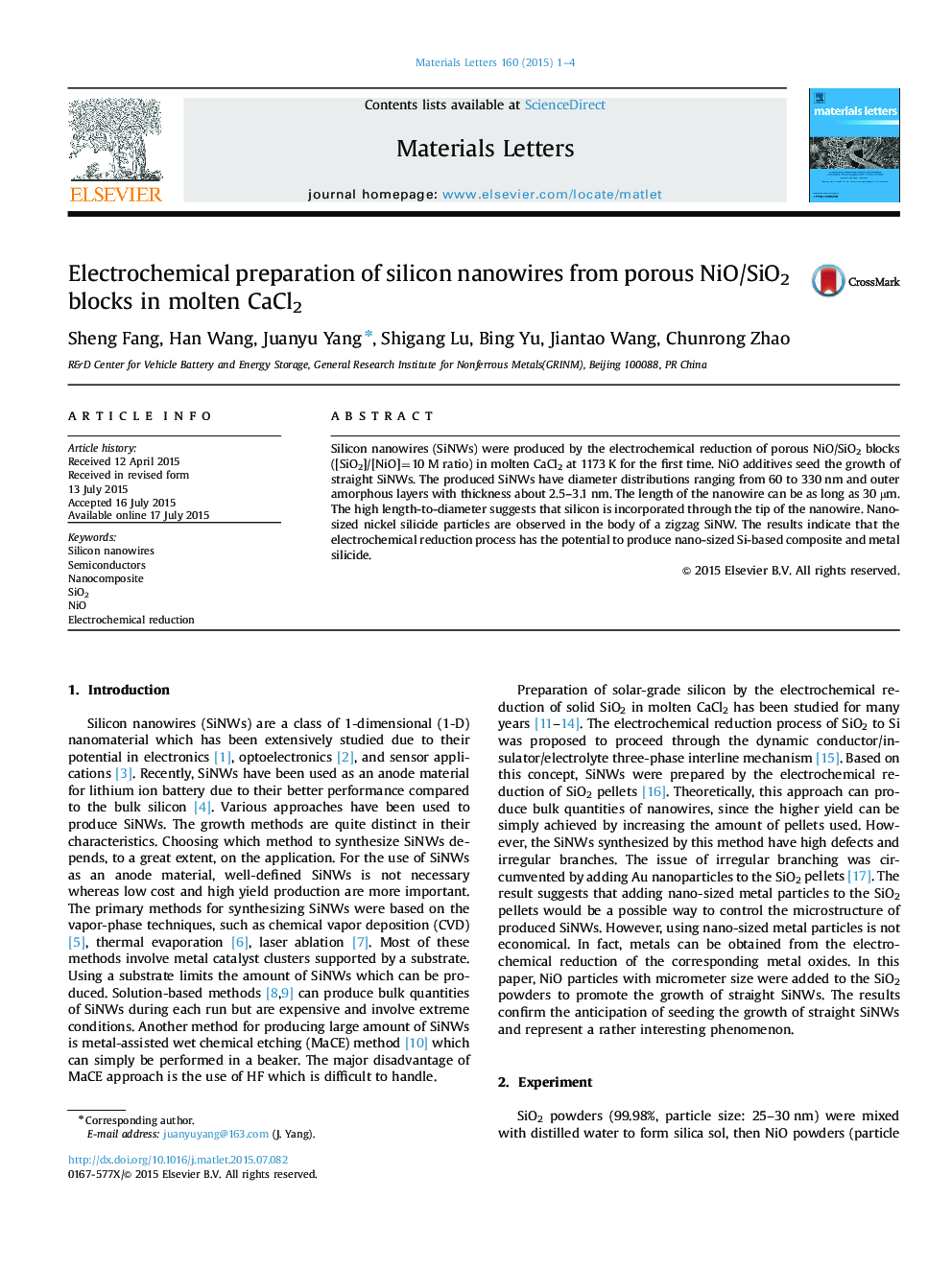 Electrochemical preparation of silicon nanowires from porous NiO/SiO2 blocks in molten CaCl2