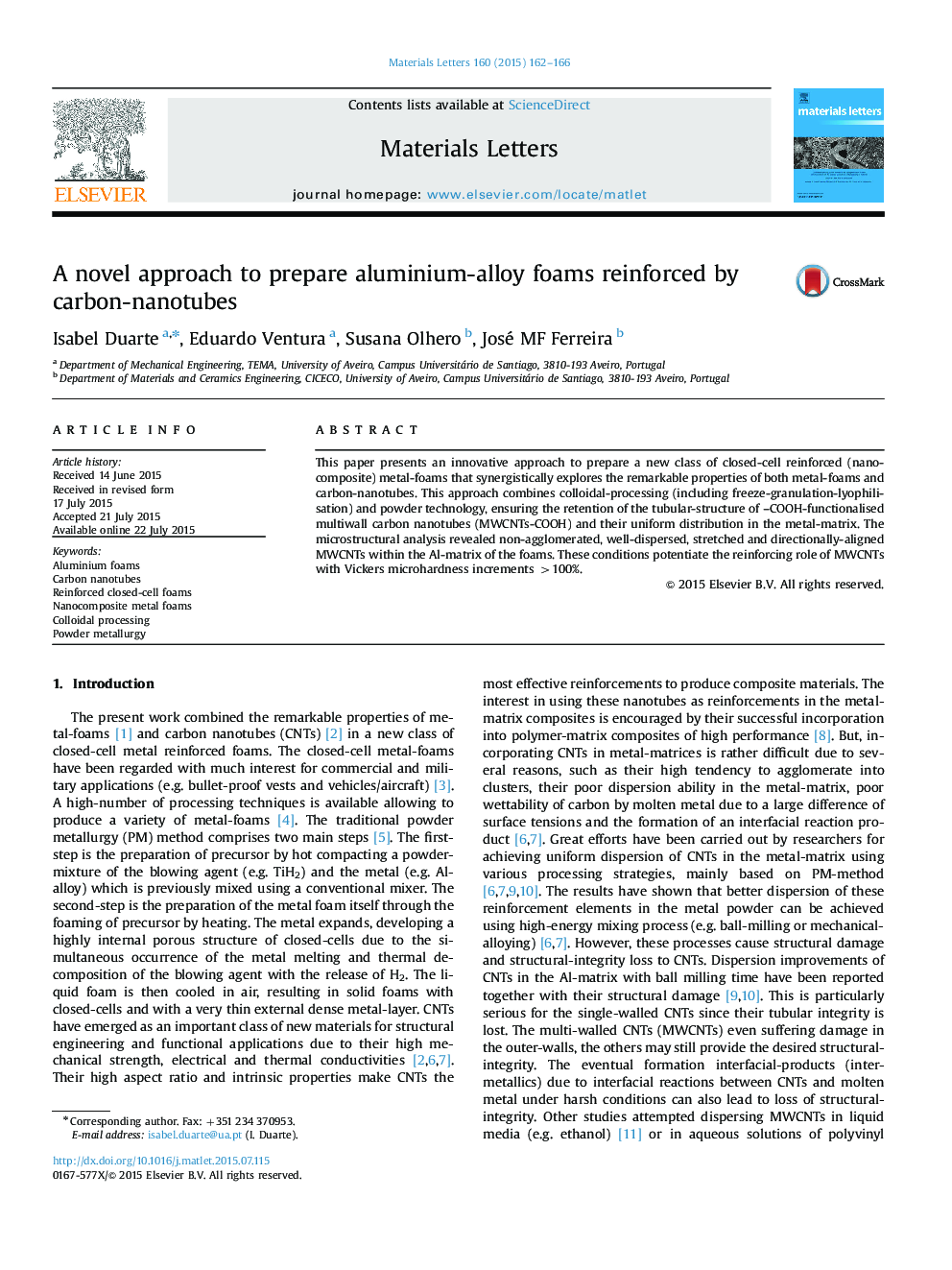 A novel approach to prepare aluminium-alloy foams reinforced by carbon-nanotubes