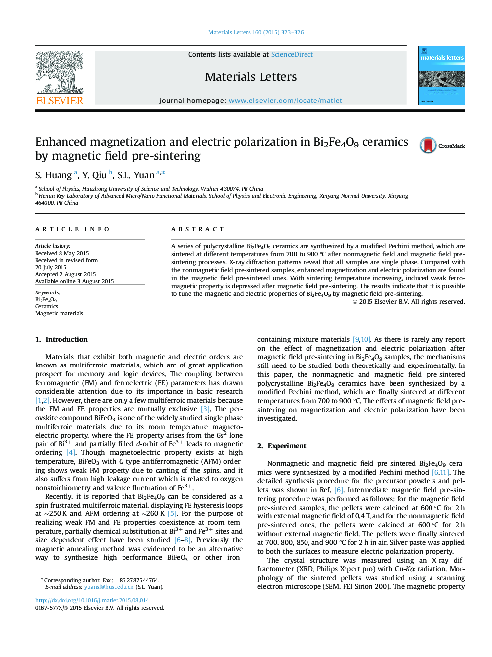 عکس صفحه اول مقاله: Enhanced magnetization and electric polarization in Bi2Fe4O9 ceramics by magnetic field pre-sintering Enhanced magnetization and electric polarization in Bi2Fe4O9 ceramics by magnetic field pre-sintering