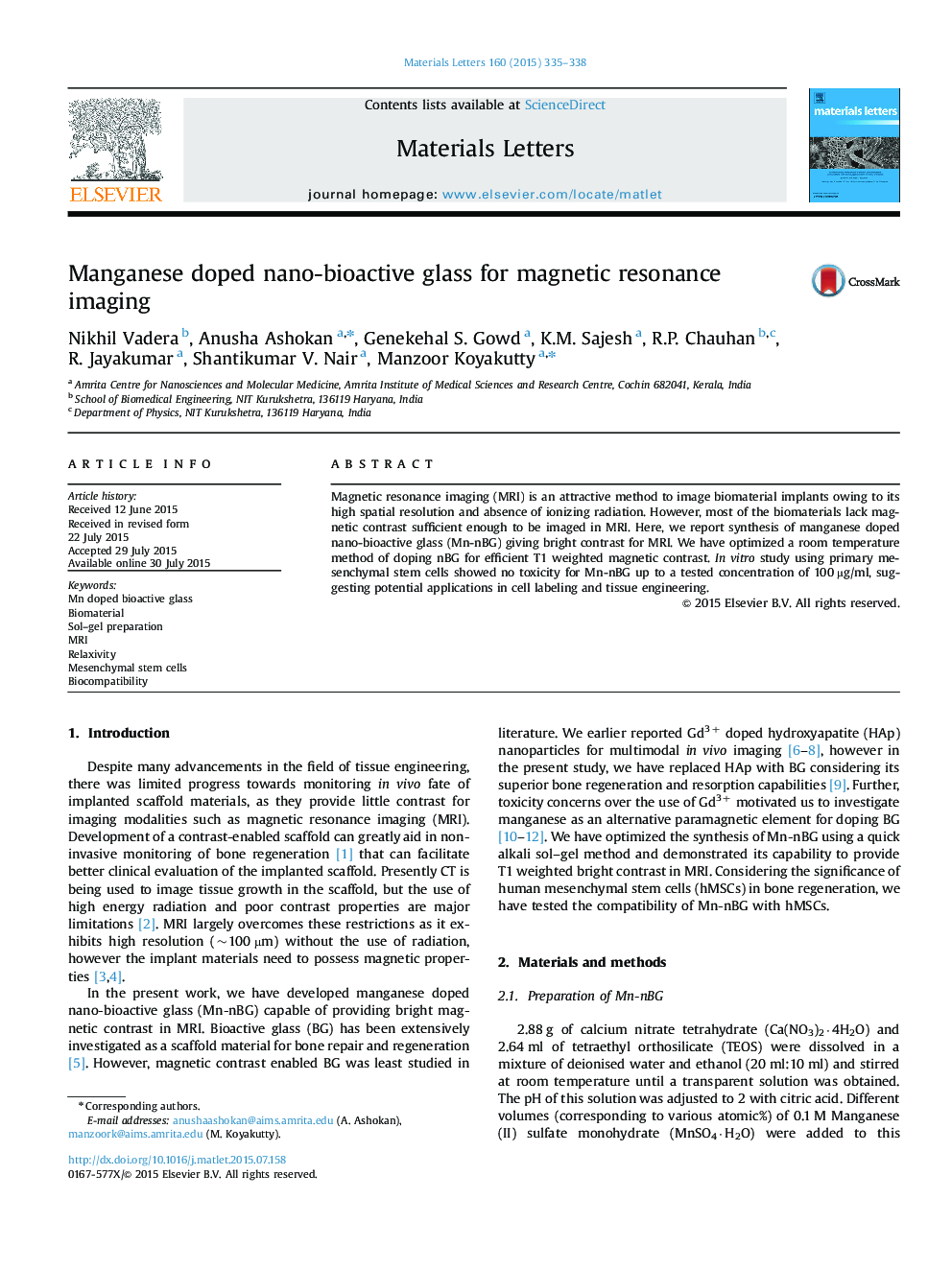 Manganese doped nano-bioactive glass for magnetic resonance imaging