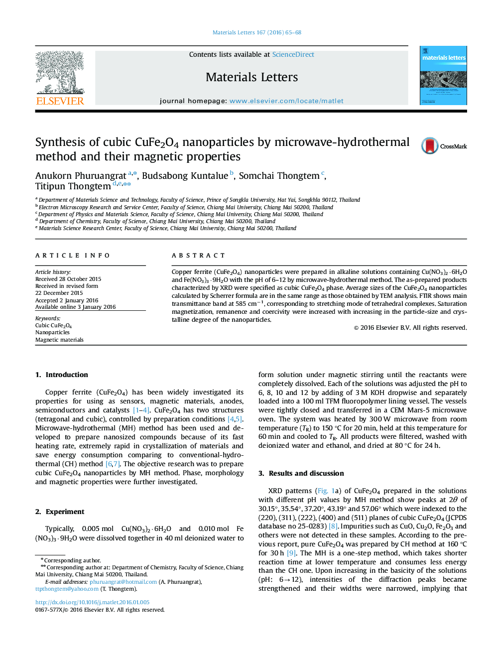 Synthesis of cubic CuFe2O4 nanoparticles by microwave-hydrothermal method and their magnetic properties